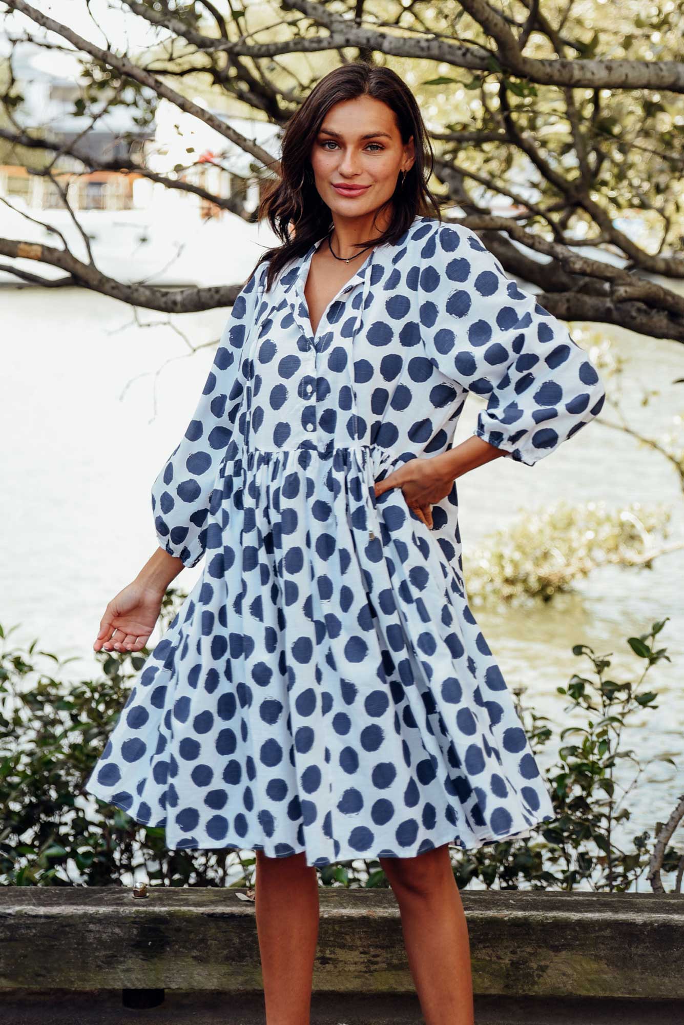 Frieda Navy Spot Cotton Tie Dress