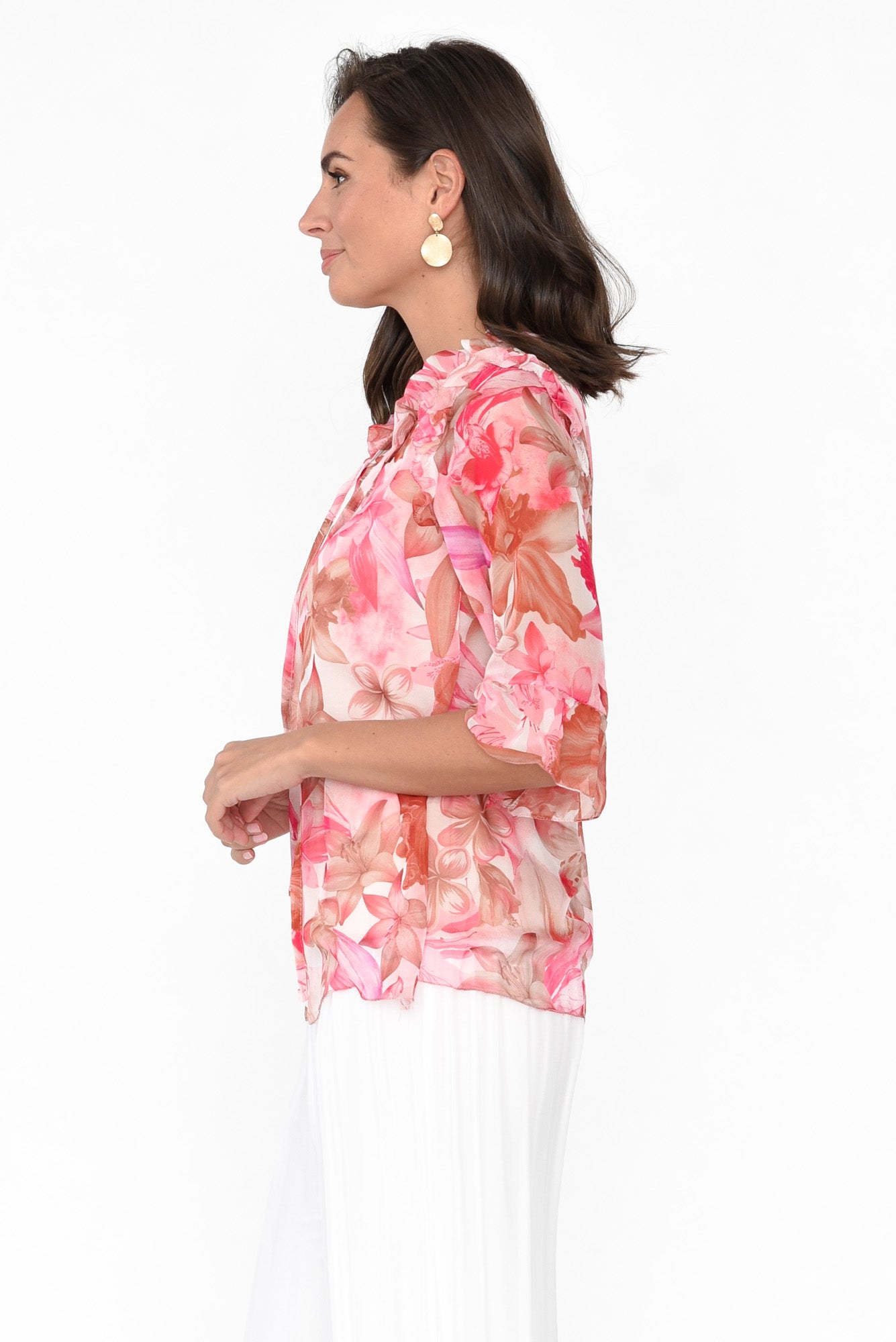 Katrine Peach Hibiscus Ruffle Top