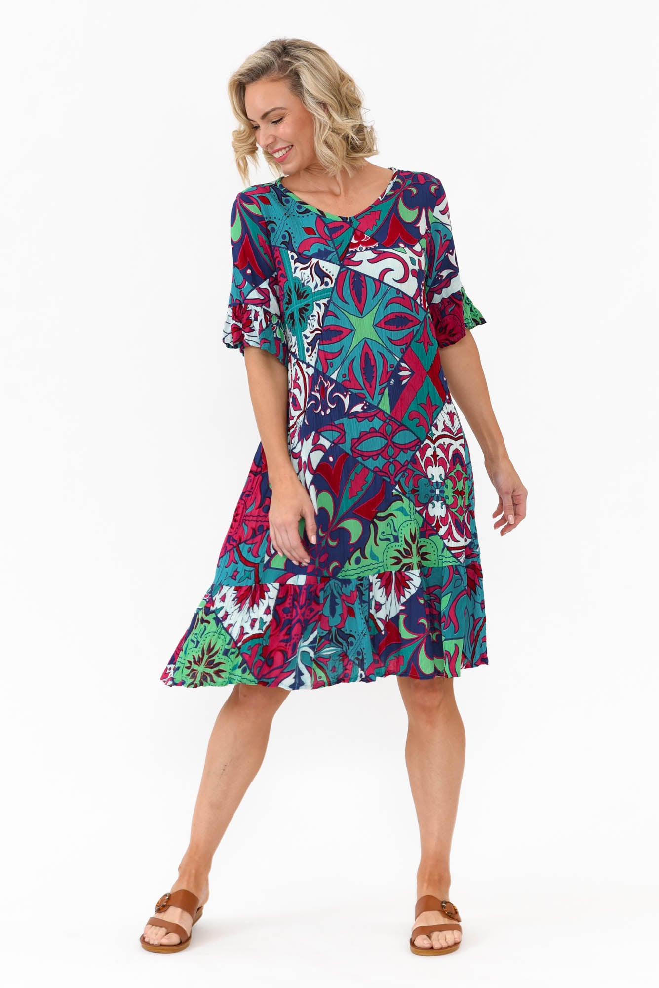 Calla Teal Mosaic Crinkle Dress