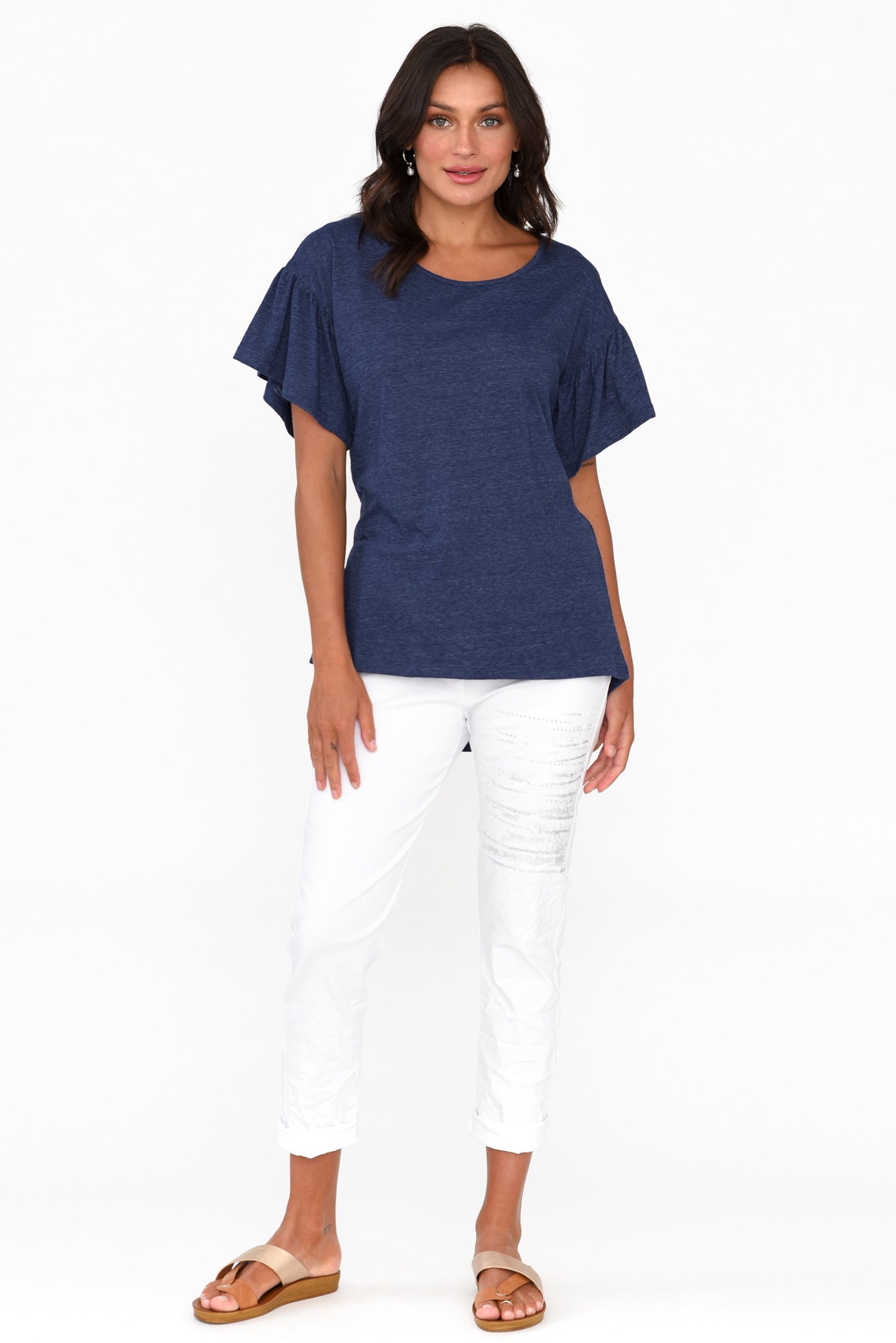 Alessia Navy Cotton Blend Frill Top
