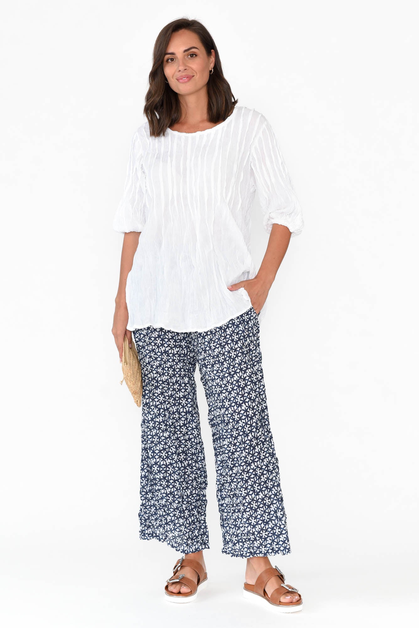 Costello Navy Flower Crinkle Cotton Pant
