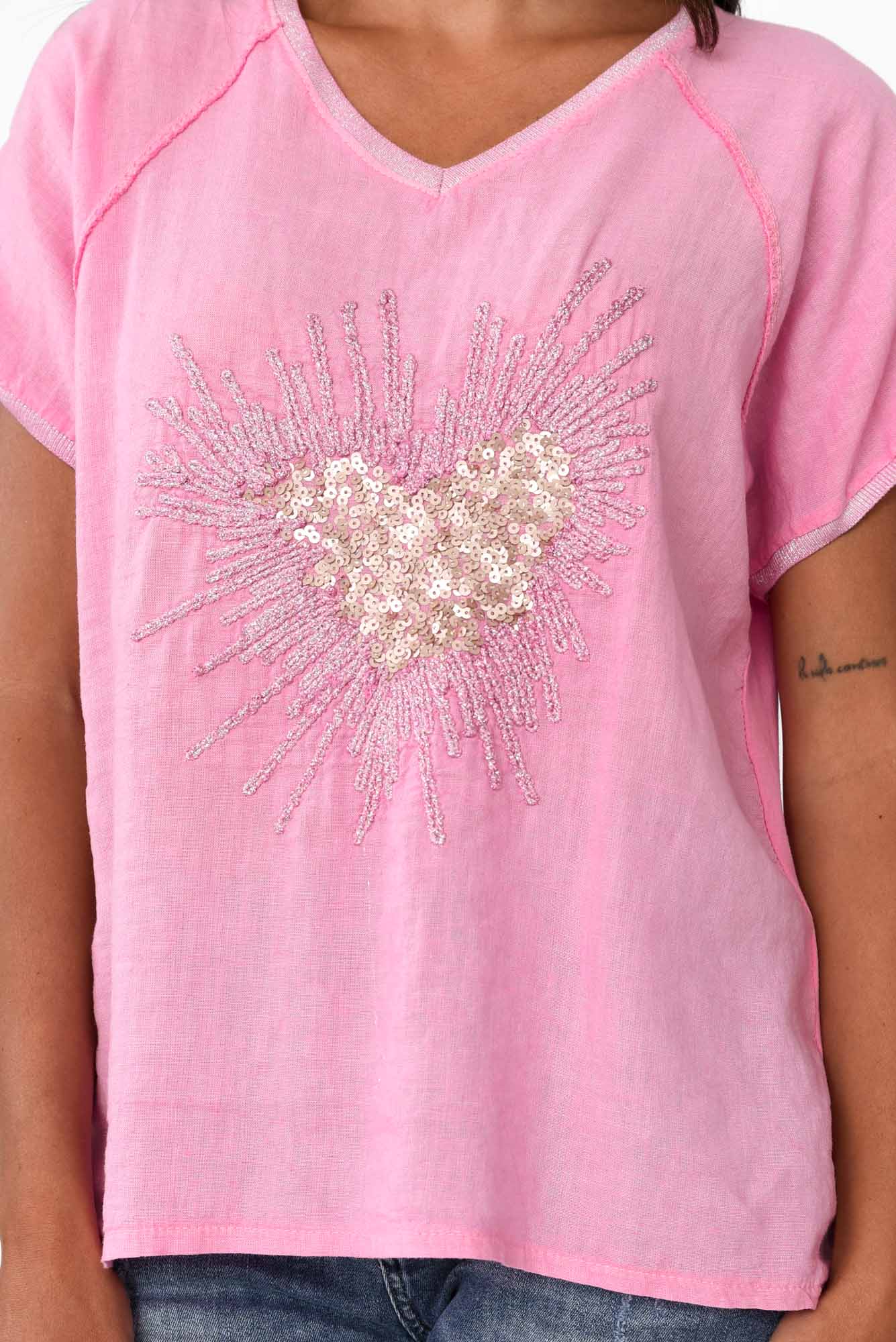 Candela Pink Sequin Heart Linen Top