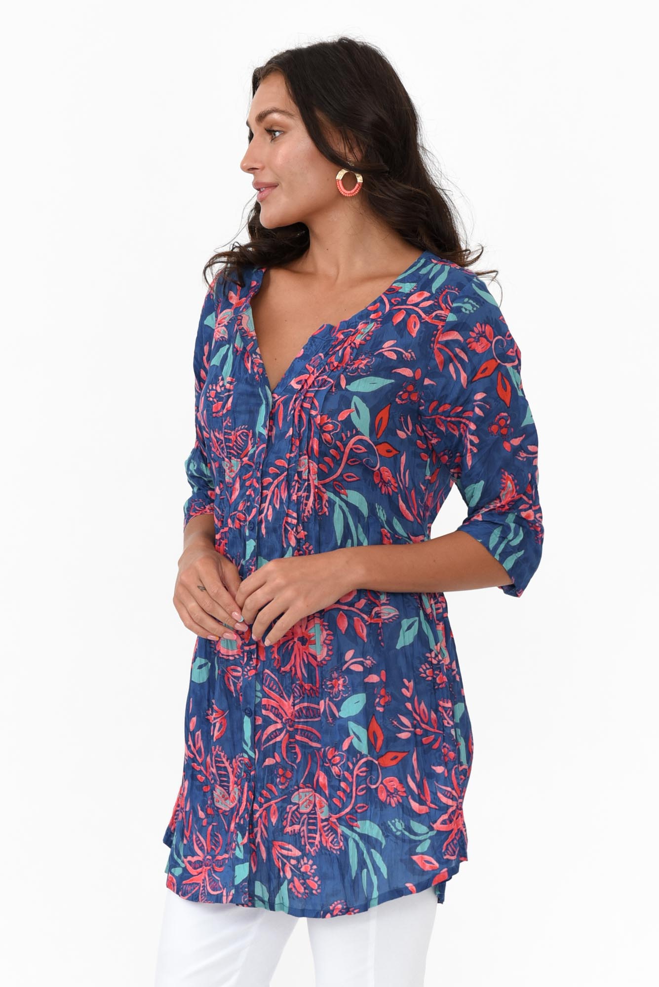 Indra Blue Garden Cotton Tunic Top