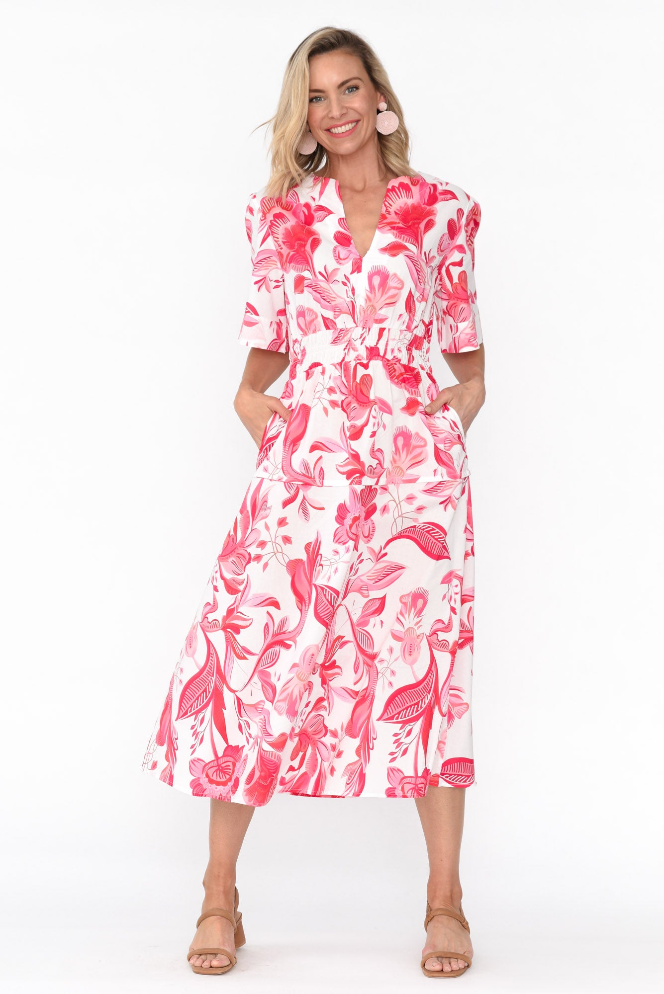 Marinda Pink Floral Cotton V Neck Dress