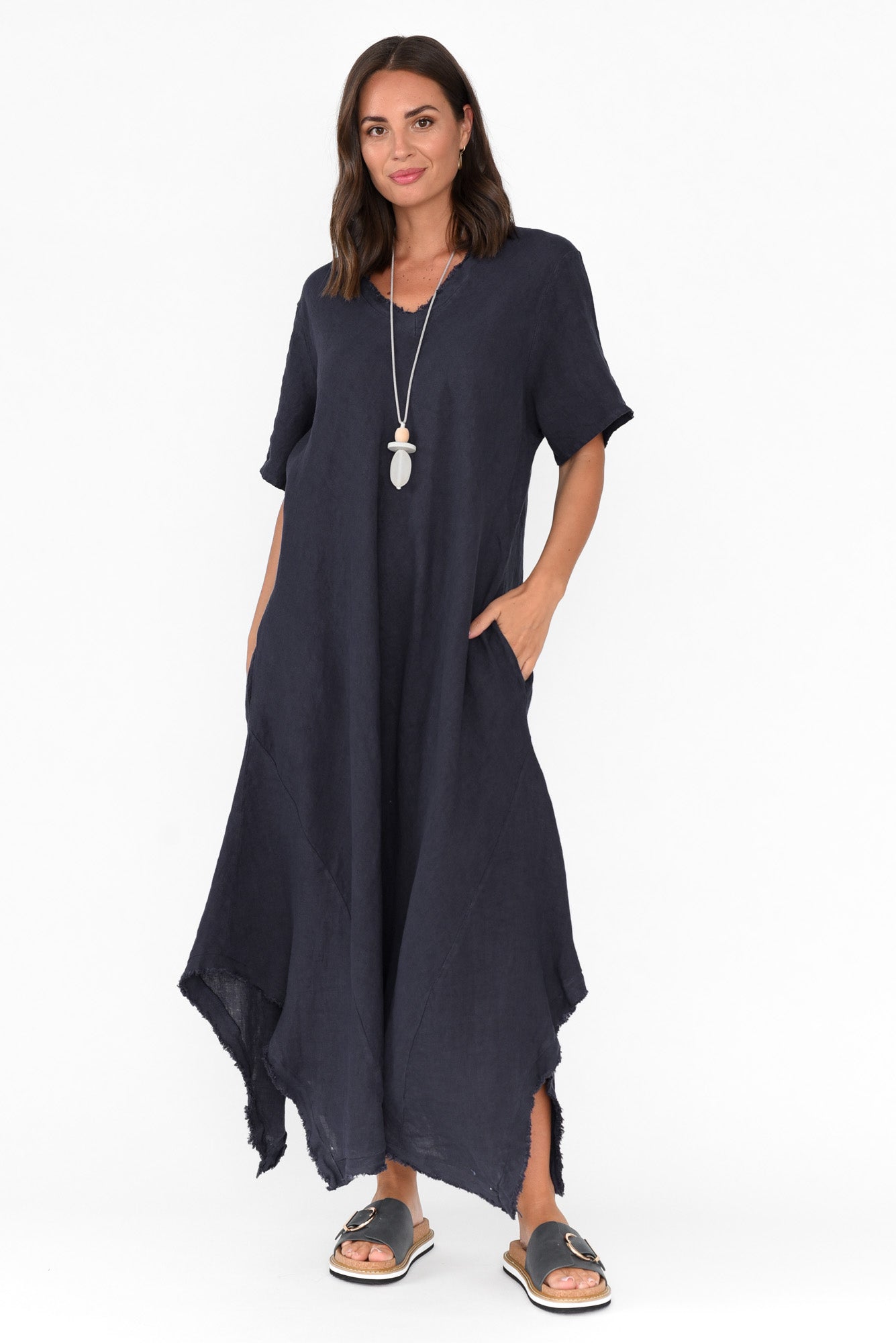 Lacasa Navy Linen Frayed Dress