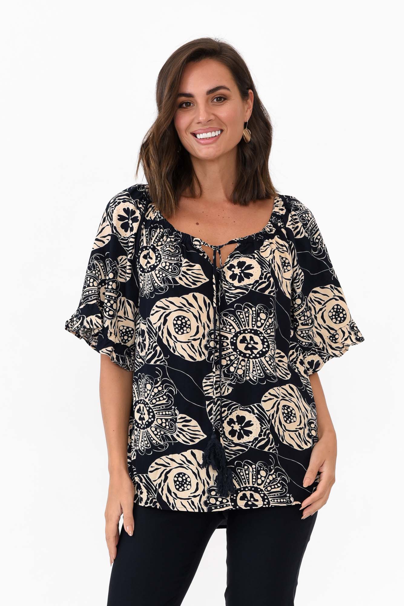 Leora Navy Flower Frill Top
