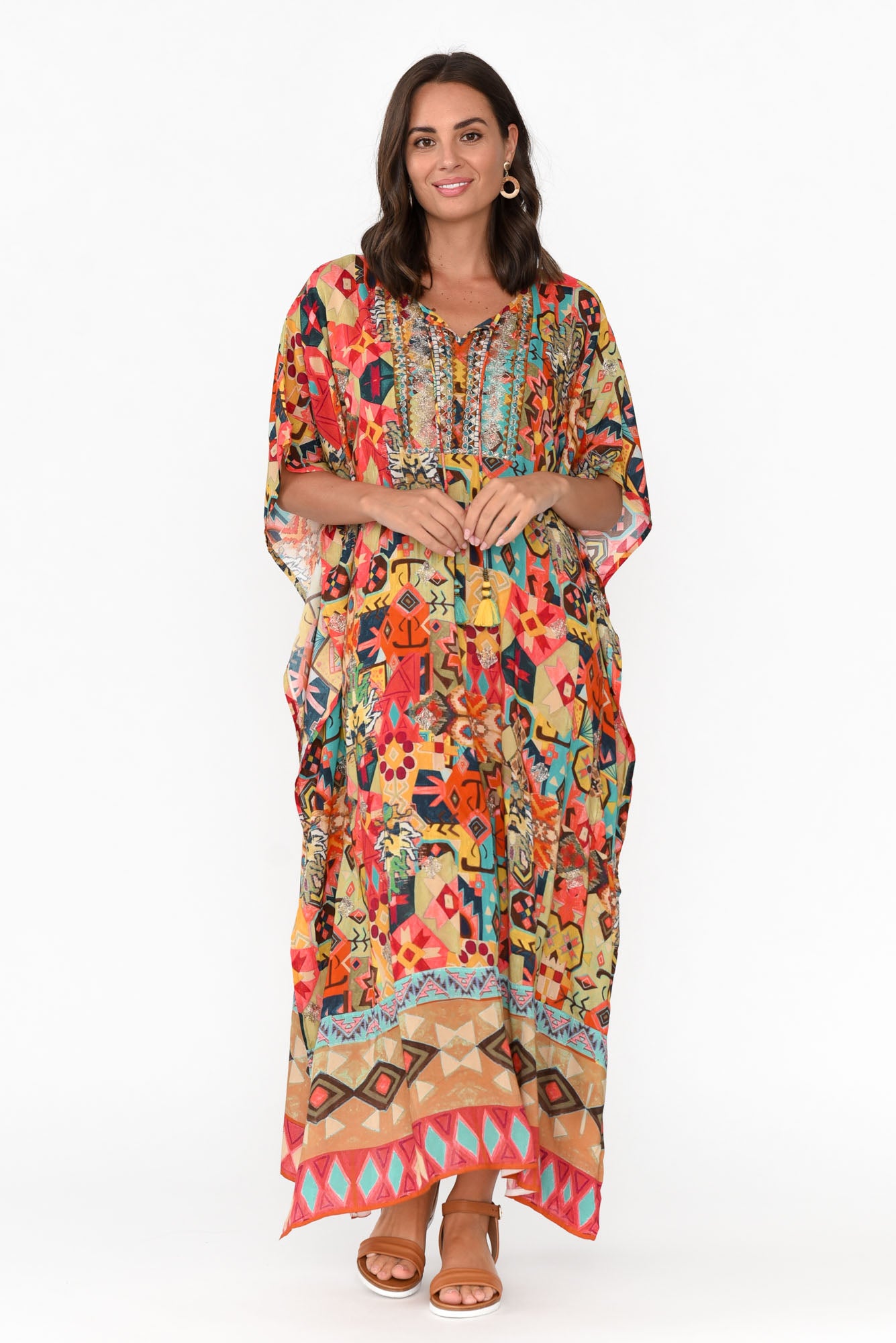 Caroline Orange Abstract Tassel Kaftan