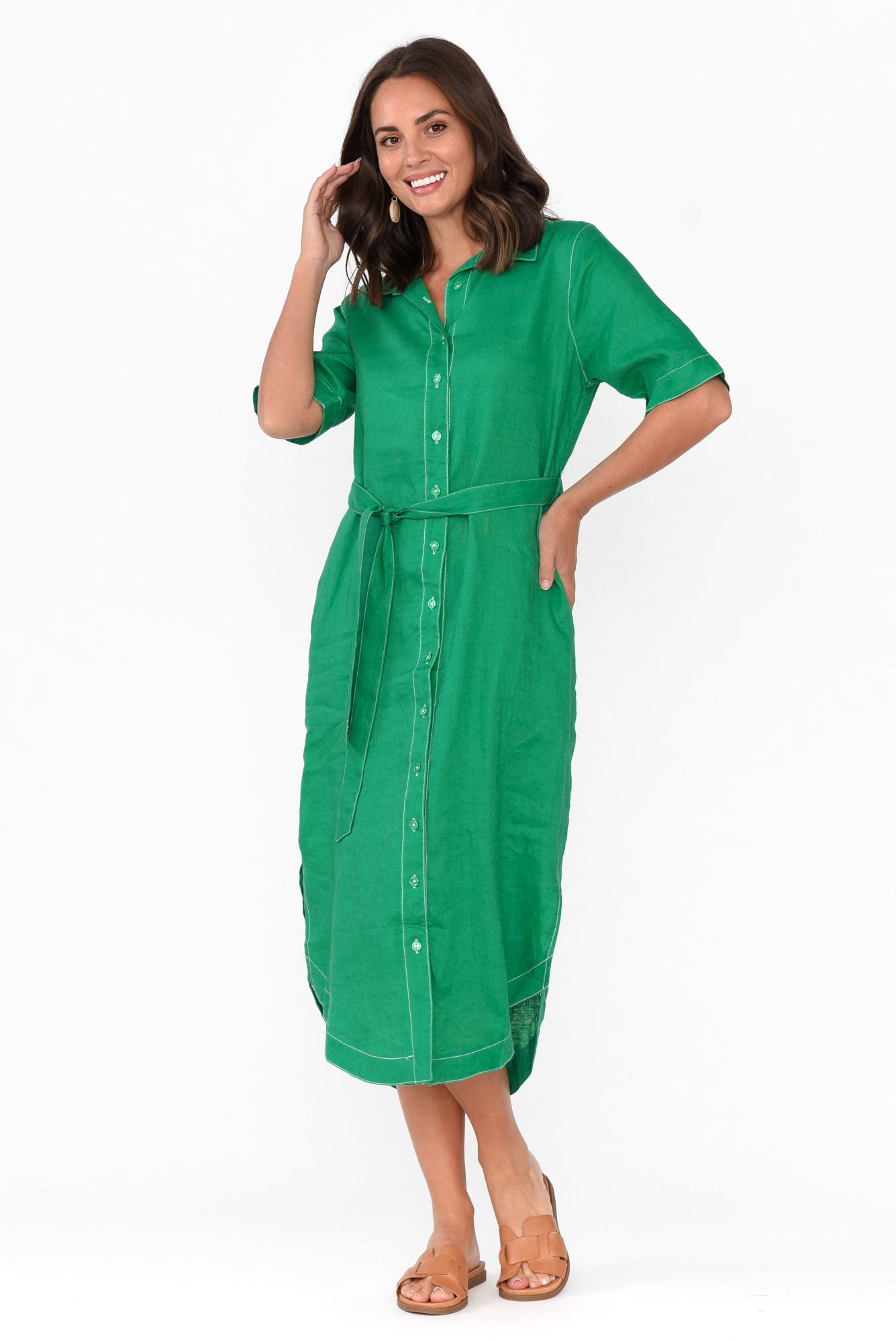 Alaska Green Linen Shirt Dress