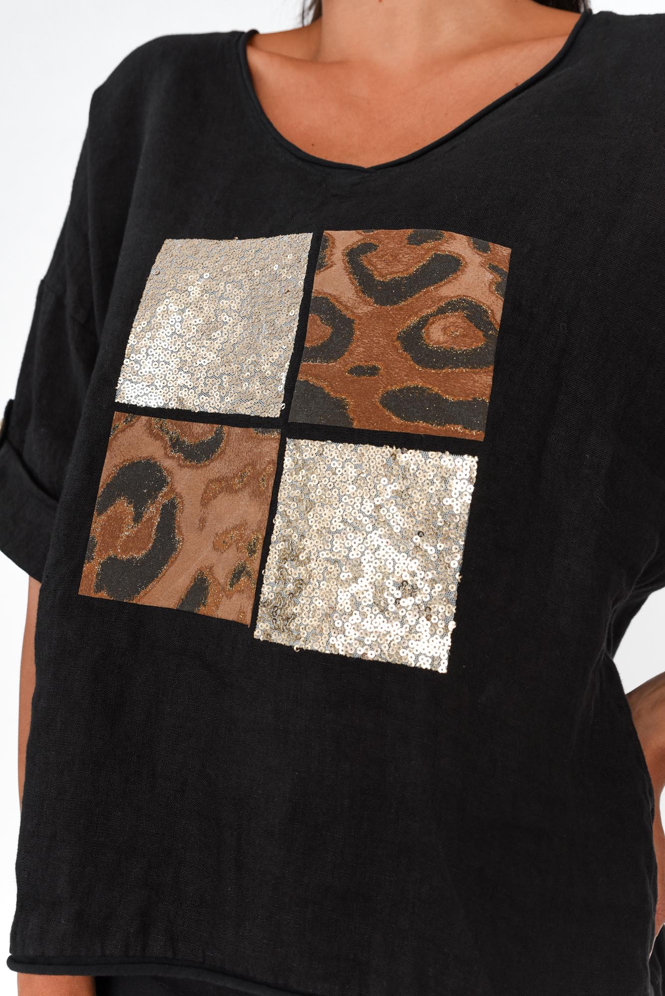 Pavla Black Leopard Linen V Neck Top