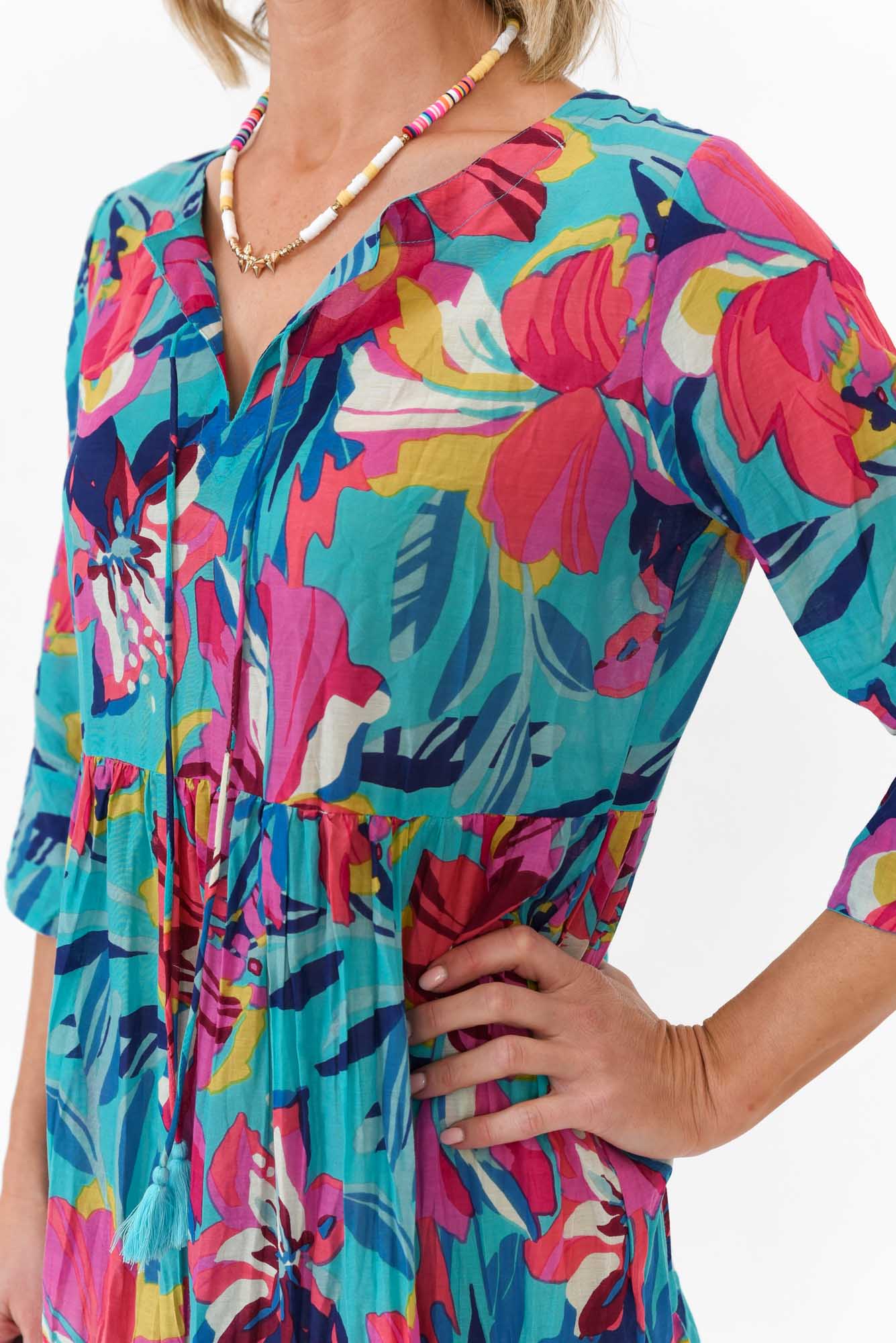 Layla Blue Bloom Crinkle Cotton Dress