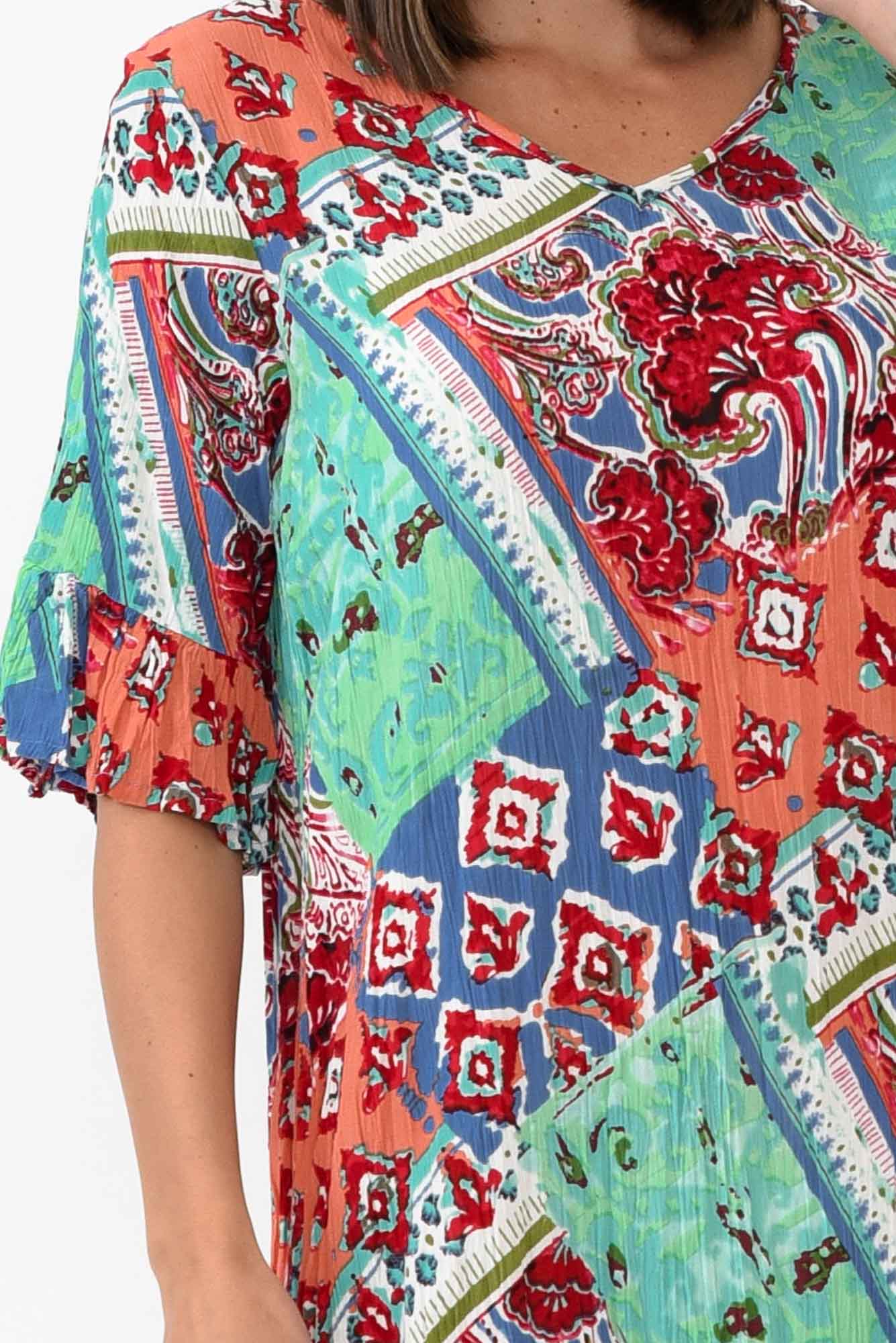 Calla Aqua Geometric Crinkle Dress