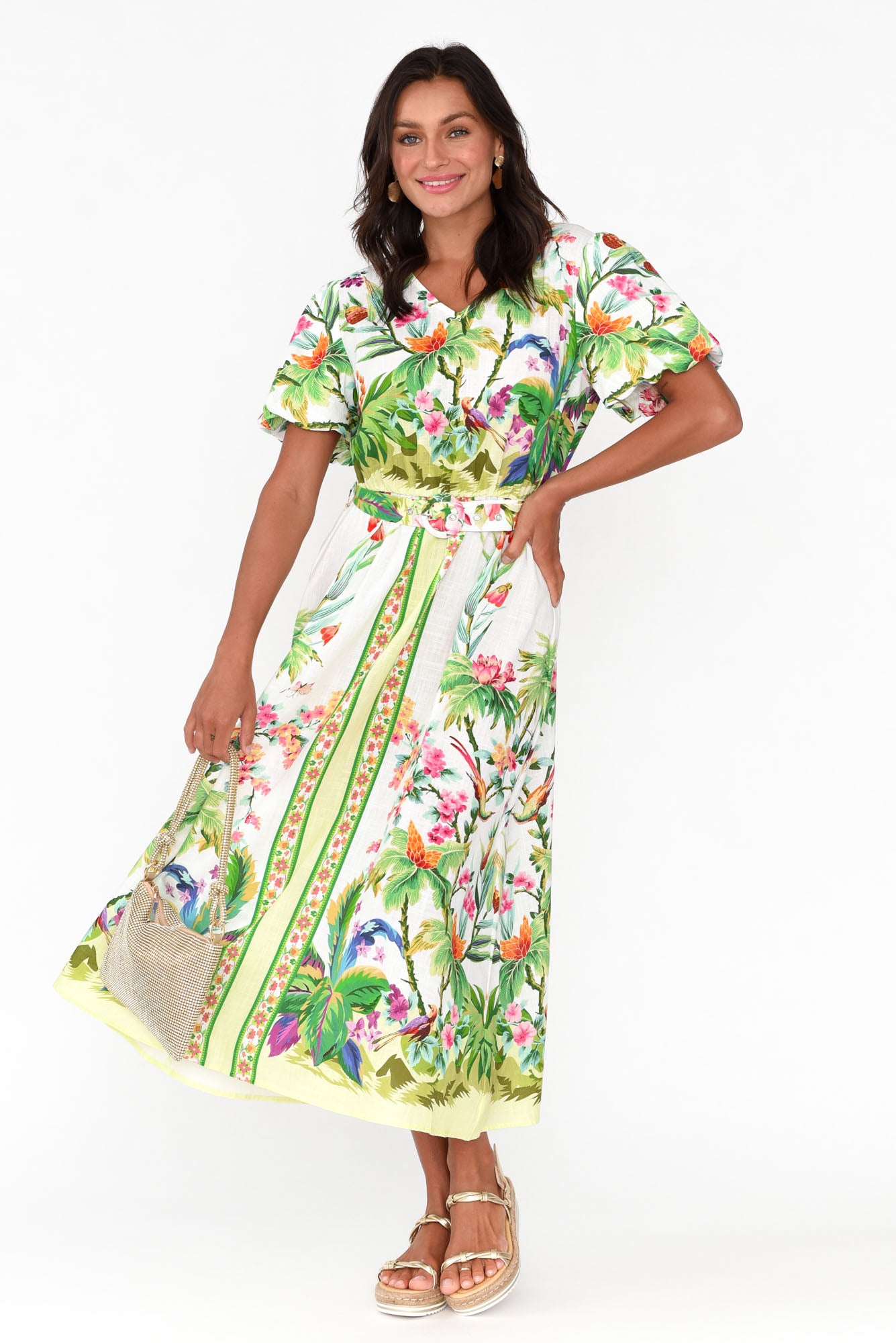 Cobana Green Tropical Cotton Belted Dress
