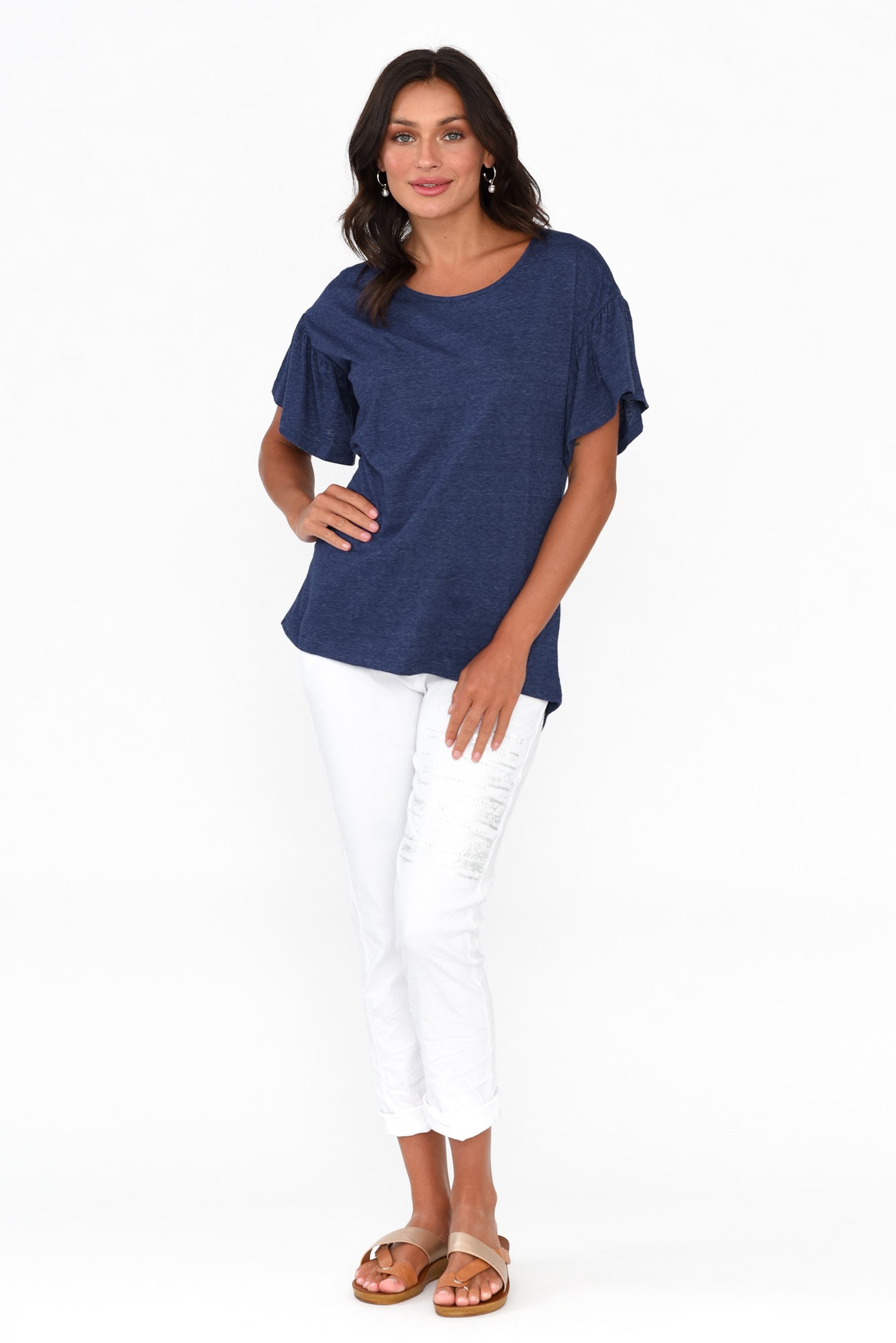 Alessia Navy Cotton Blend Frill Top