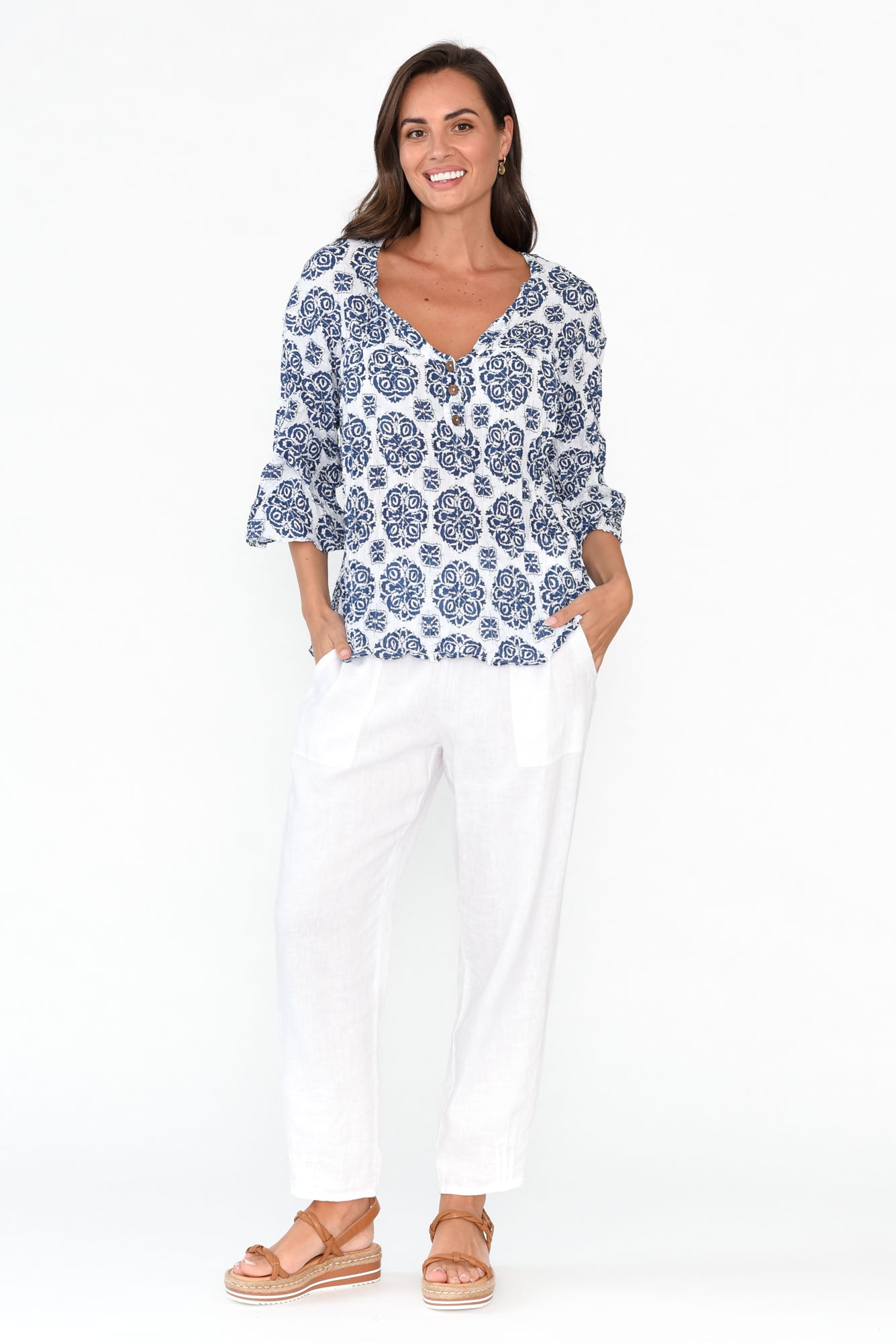 Blaise Navy Fiesta Cotton Button Top