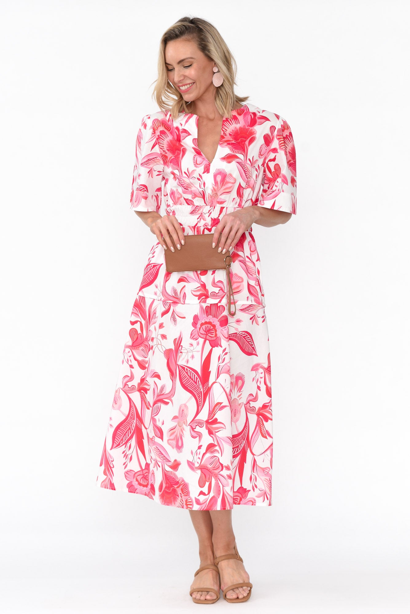 Marinda Pink Floral Cotton V Neck Dress
