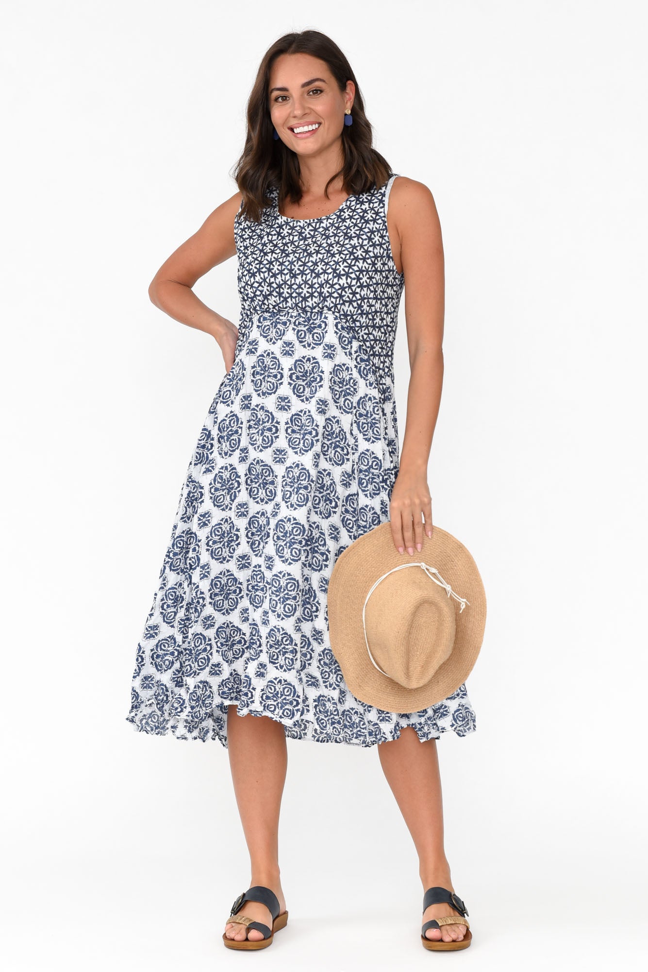 Jolie Navy Fiesta Crinkle Cotton Dress