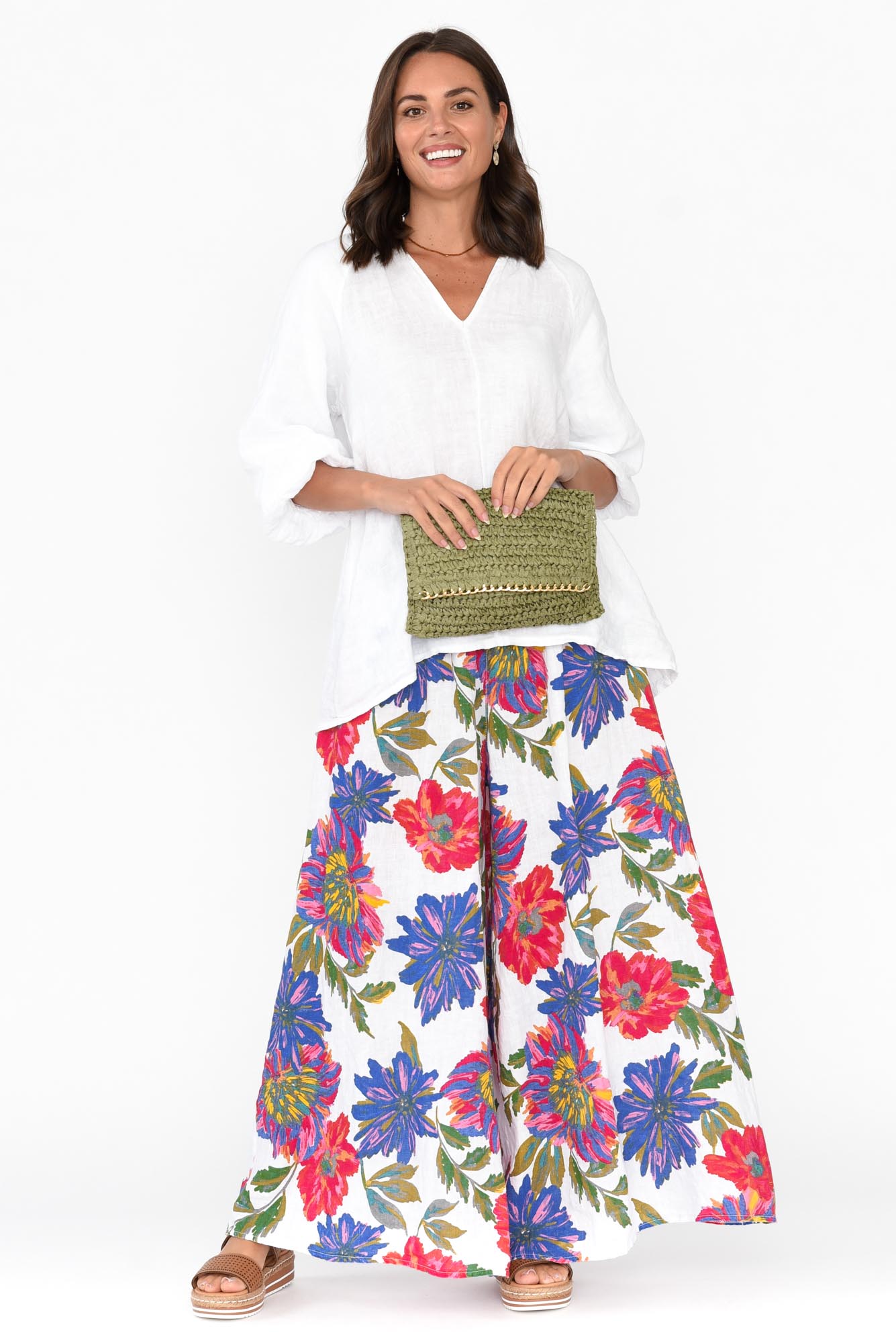 Rumi Red Blossom Wide Leg Linen Pant