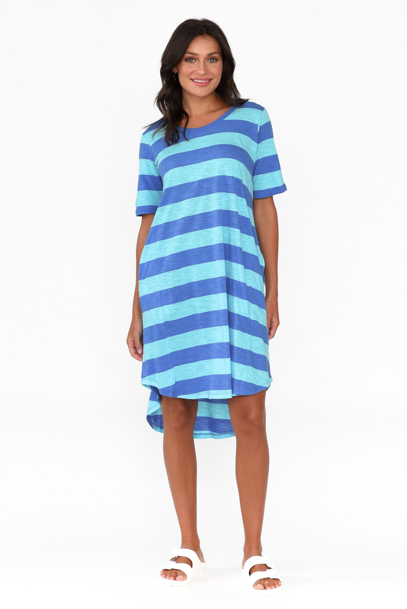 Nyree Aqua Stripe Hi Lo Cotton Dress