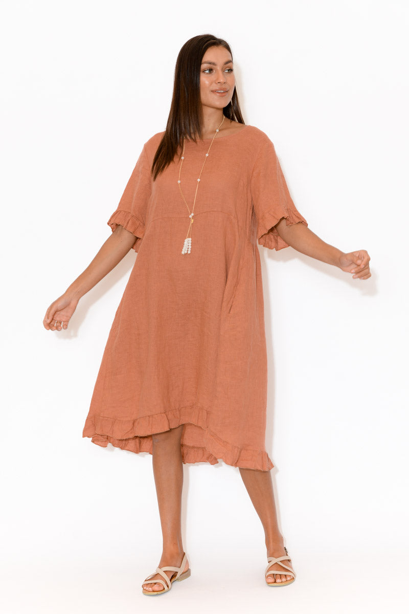 Elodie Coral Linen Frill Dress