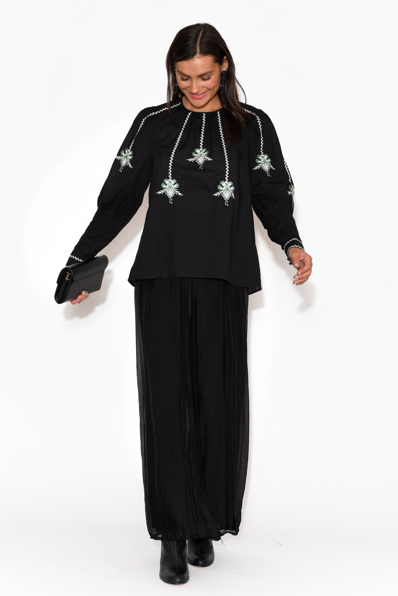 Grove Black Embroidered Bishop Sleeve Top