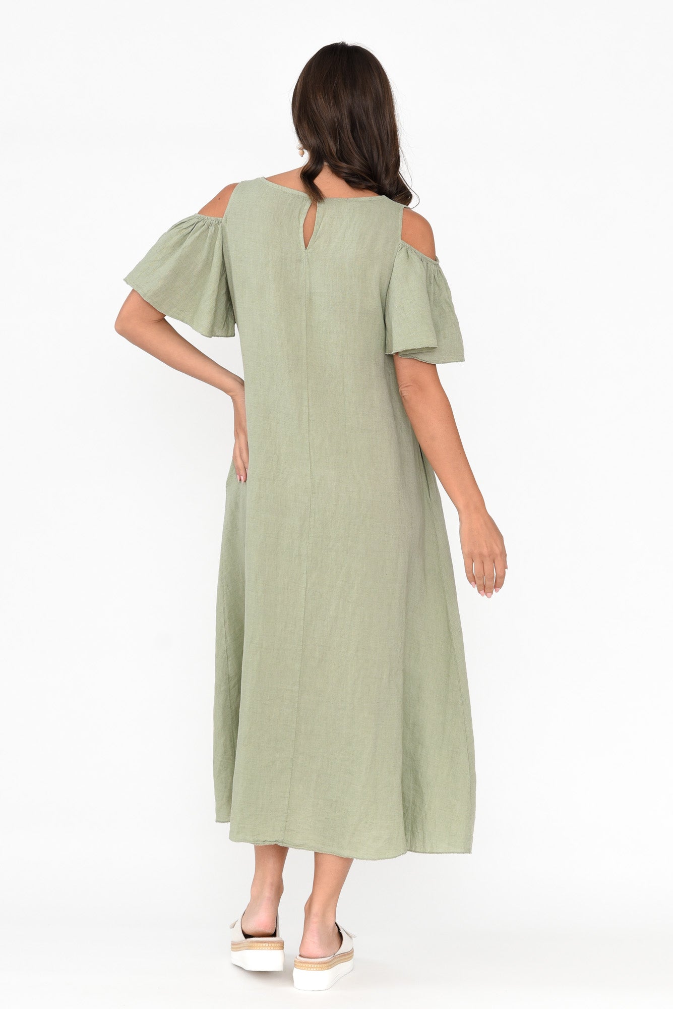 Mabrie Khaki Linen Cold Shoulder Dress