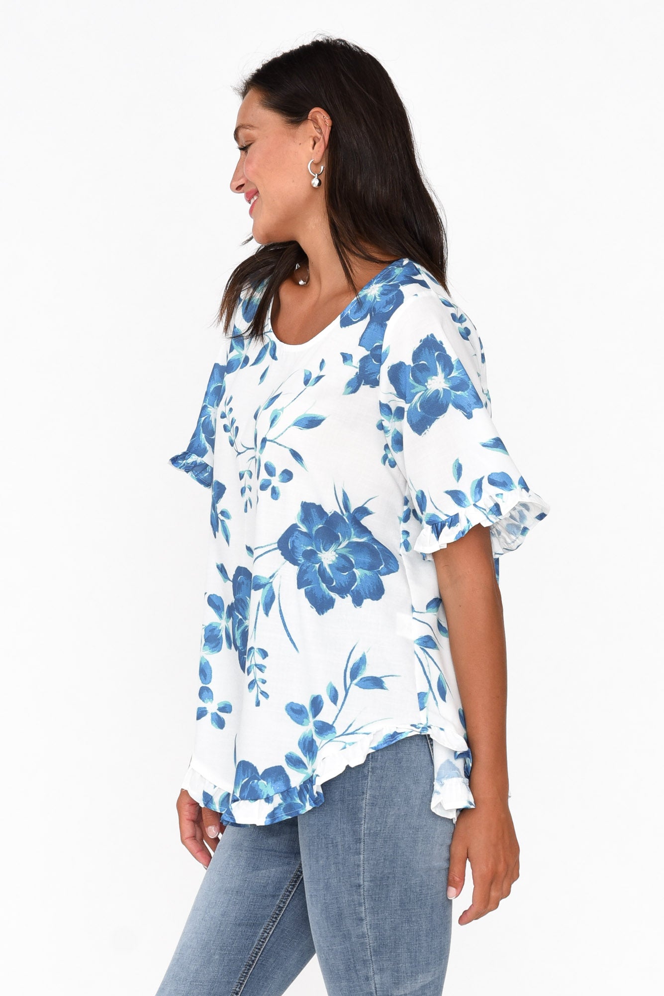 Perrin Blue Floral Ruffle Top