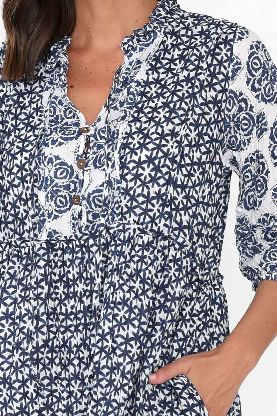Oakwood Navy Flower Cotton Puff Sleeve Dress