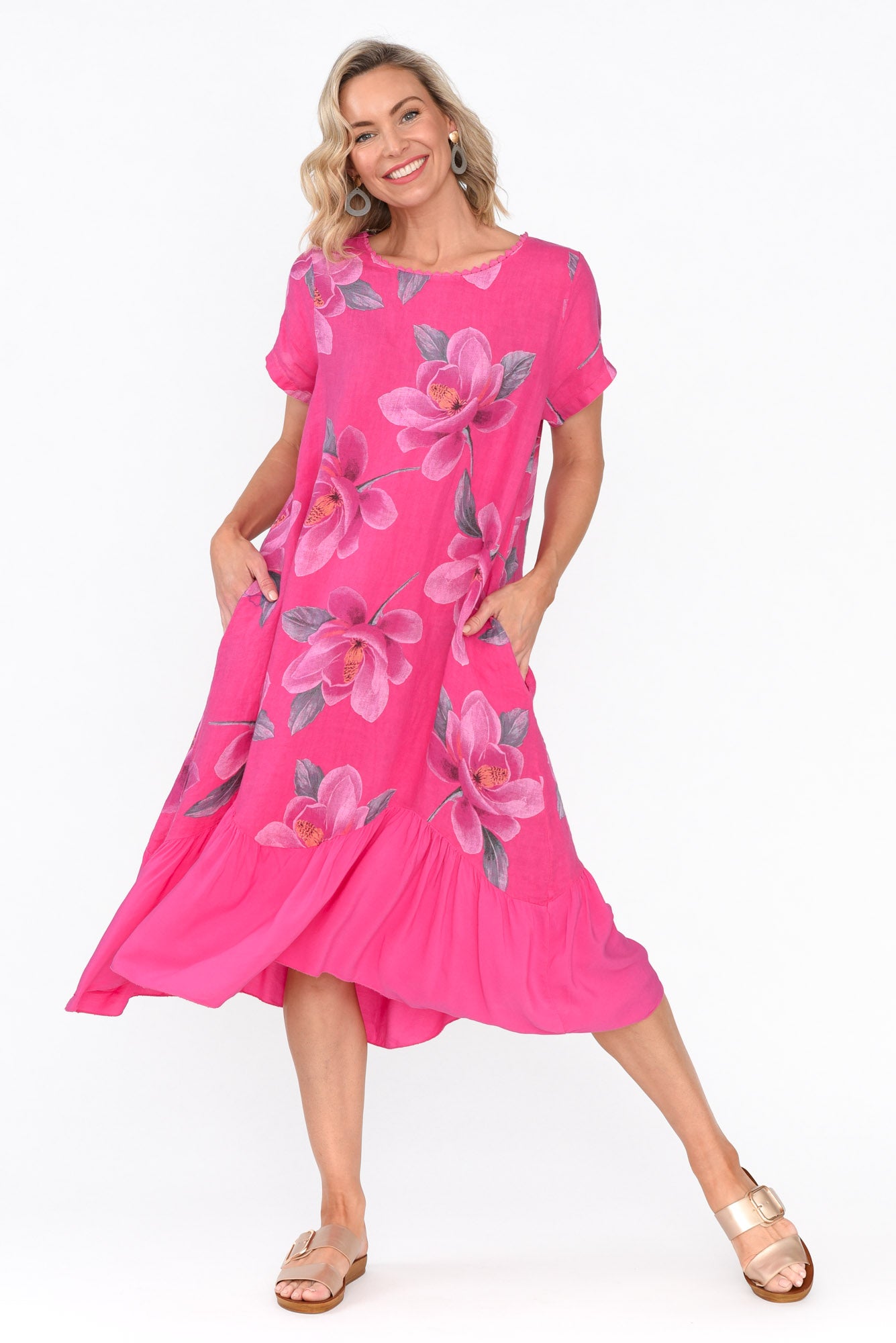 Ryker Hot Pink Floral Linen Pocket Dress