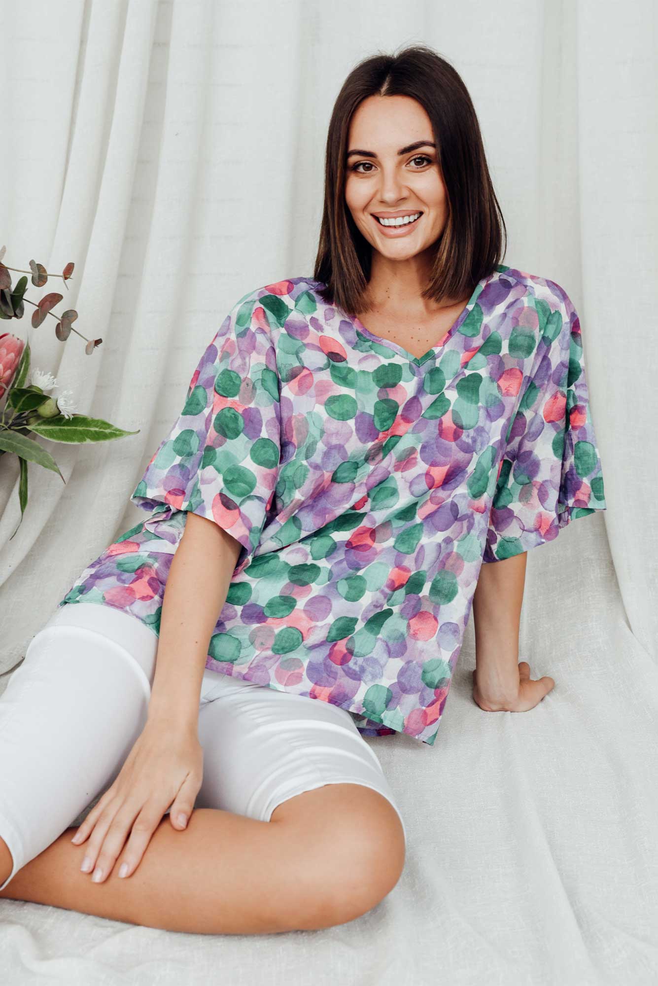 Brynn Purple Spot Cotton Blend Top