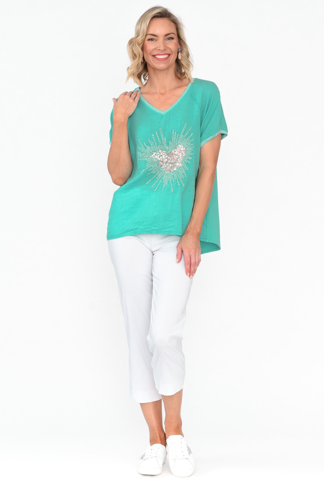 Candela Blue Sequin Heart Linen Top