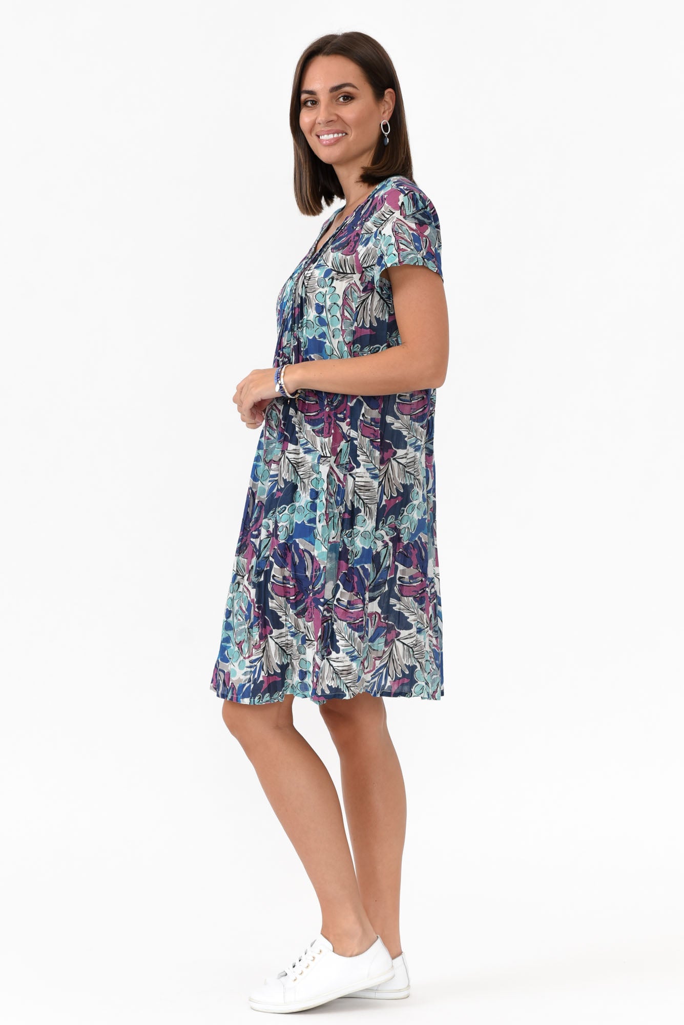 Sabina Blue Palm Crinkle Cotton Dress