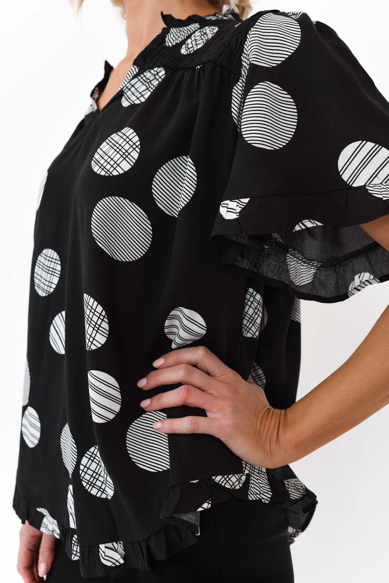 Malika Black Spot Frill Top