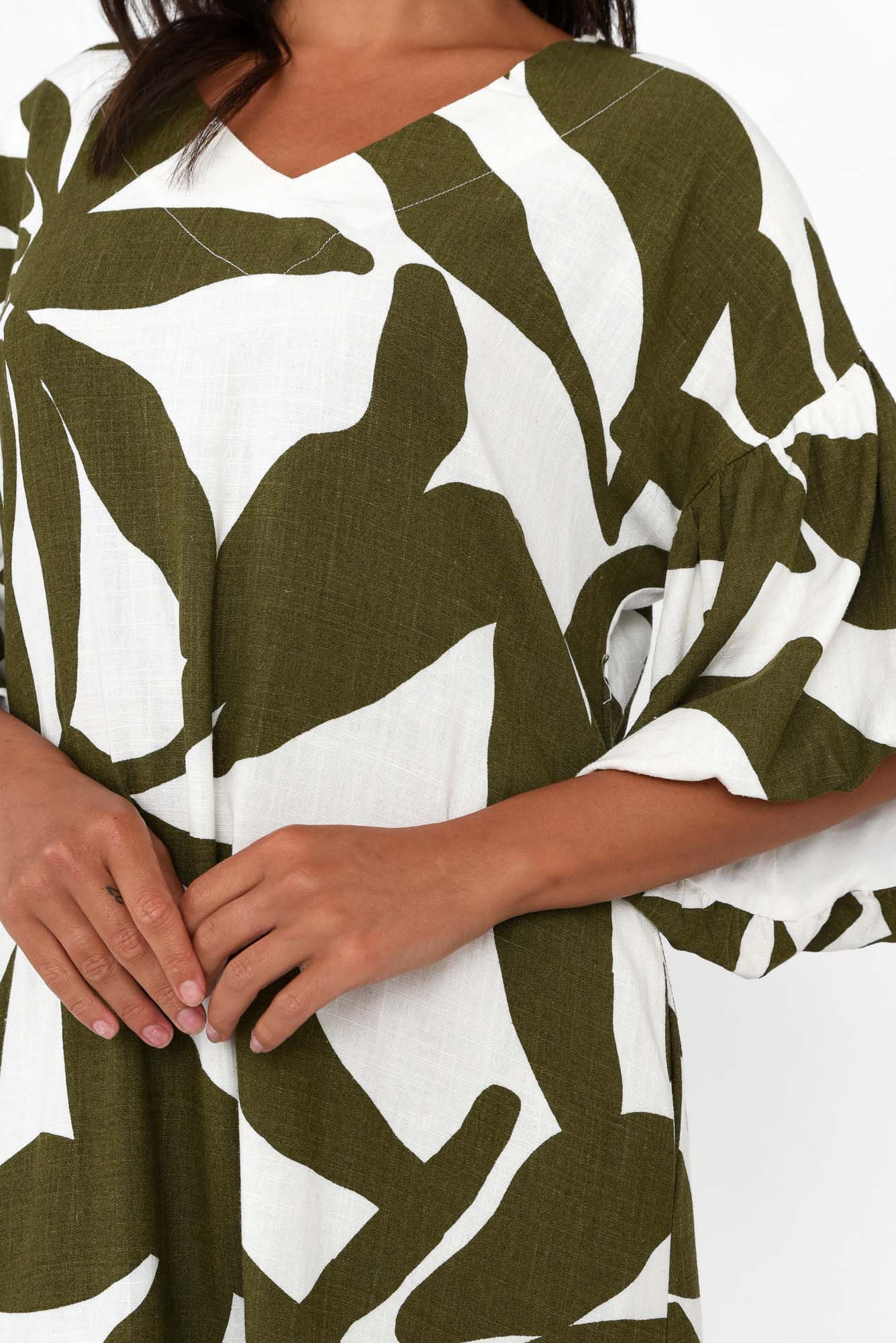 Lotte Green Leaf Puff Sleeve Dress