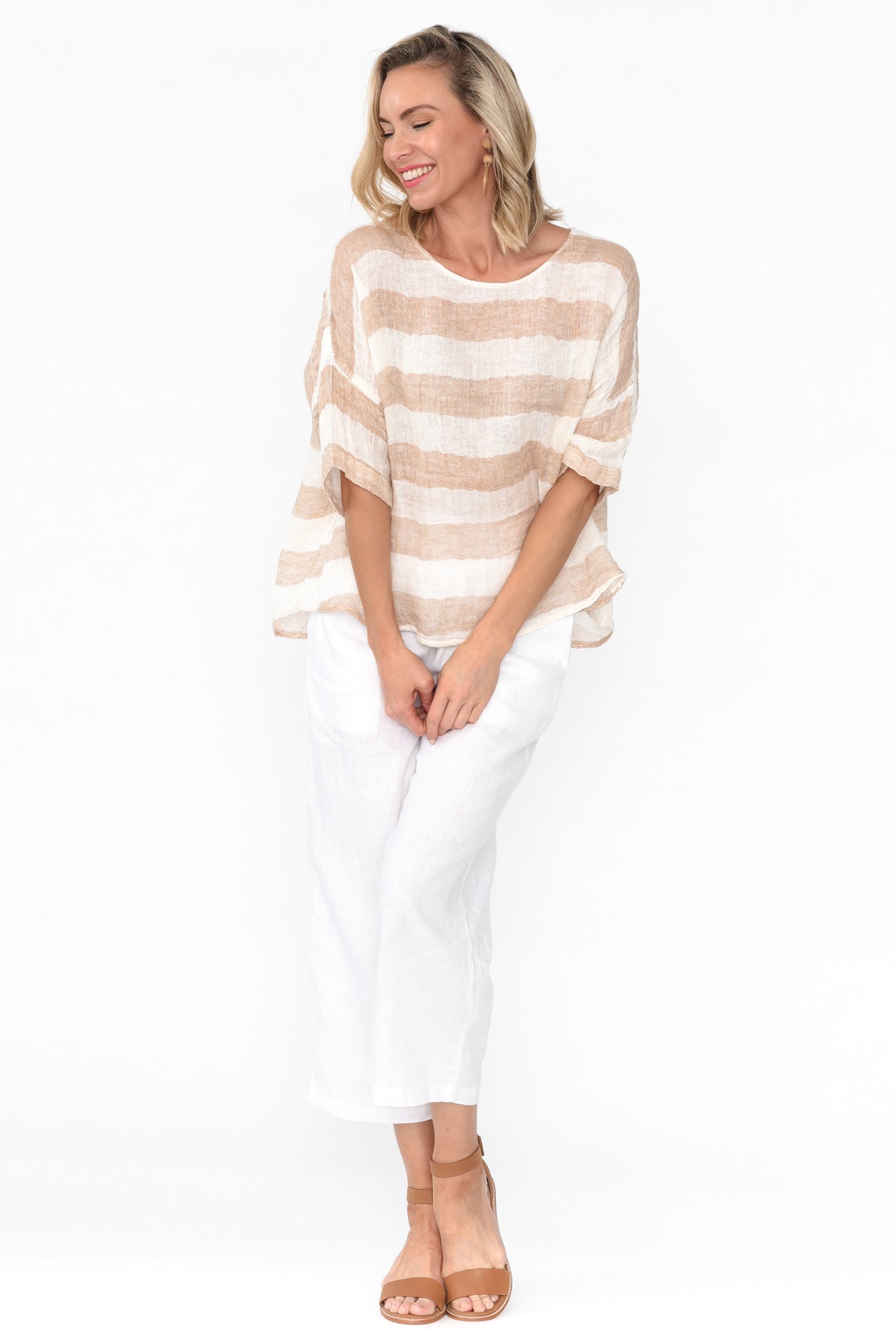 Damian Beige Stripe Linen Top