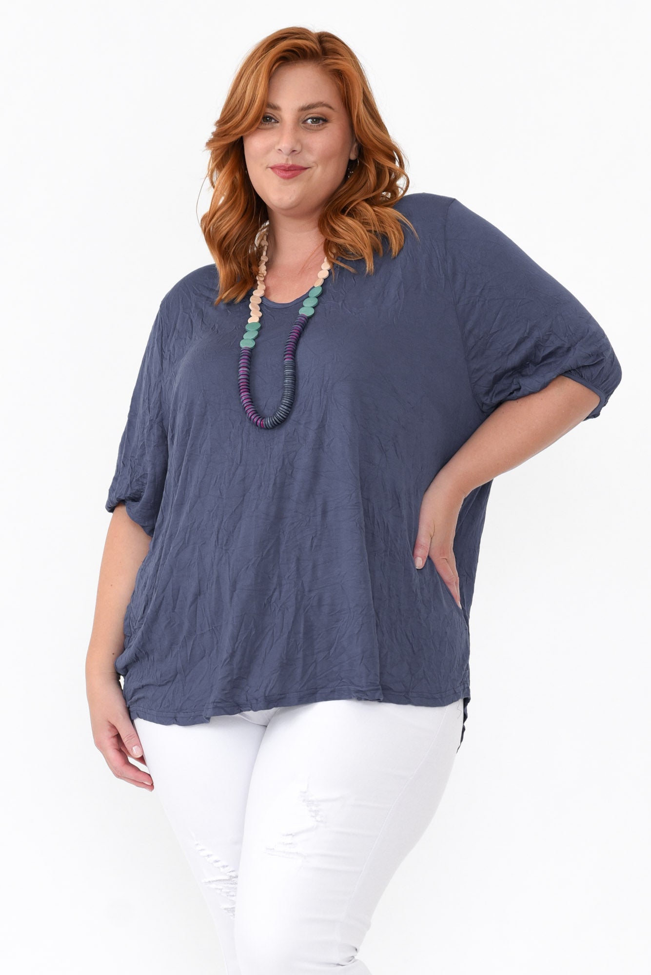 Agnes Navy Crinkle Cotton Hi Lo Top