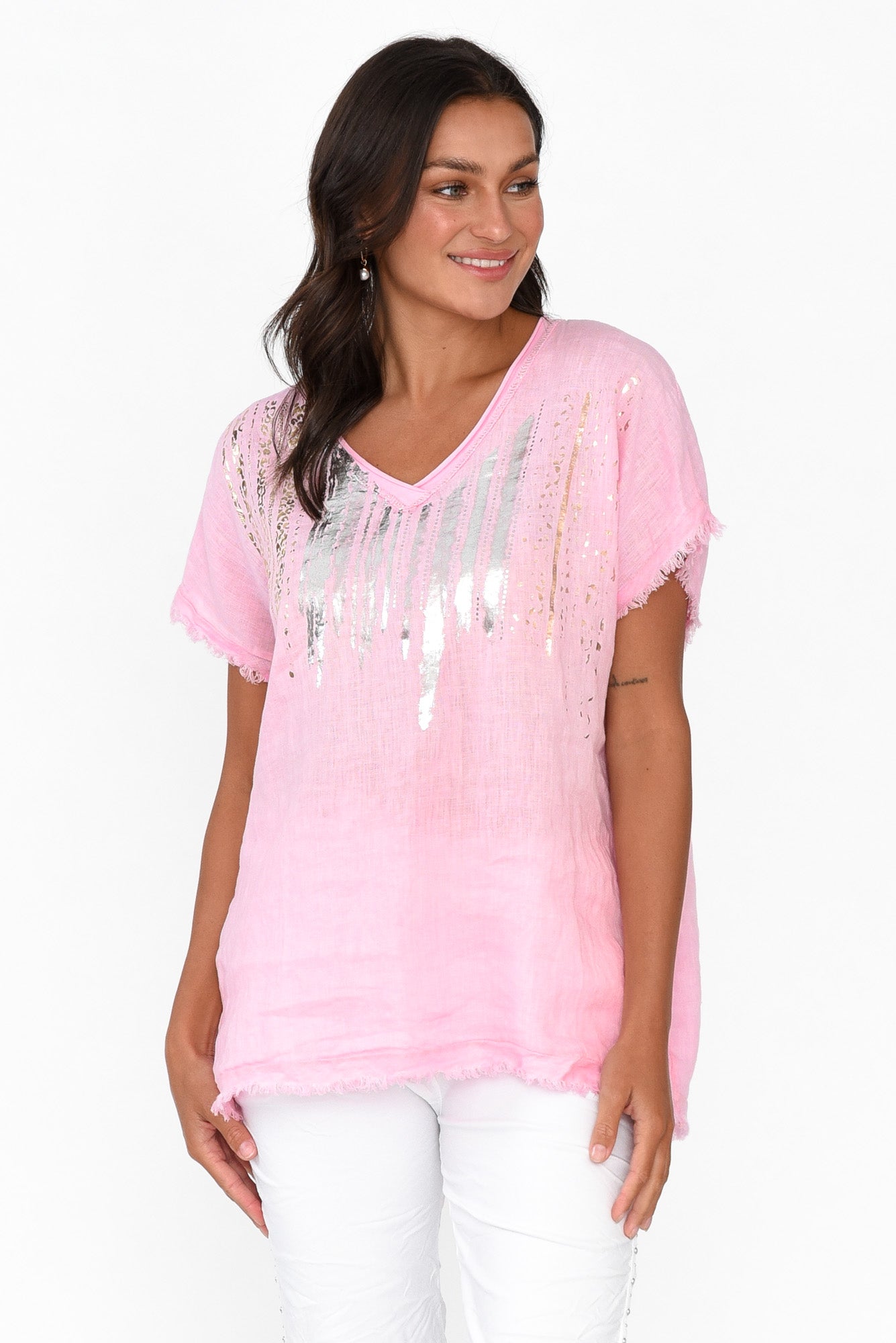 Benita Pink Foil Linen Top