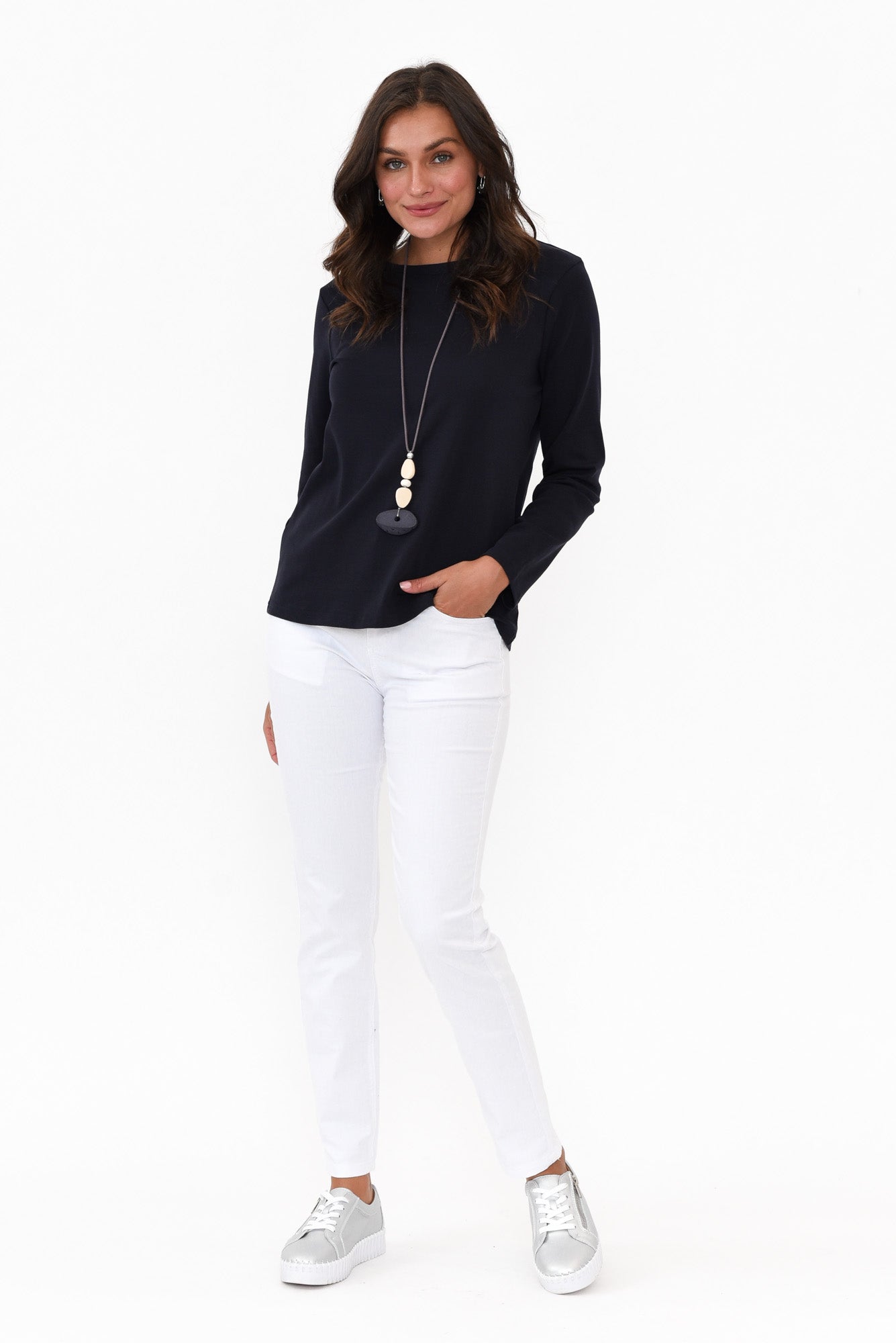 Porter Navy Cotton Long Sleeve Top