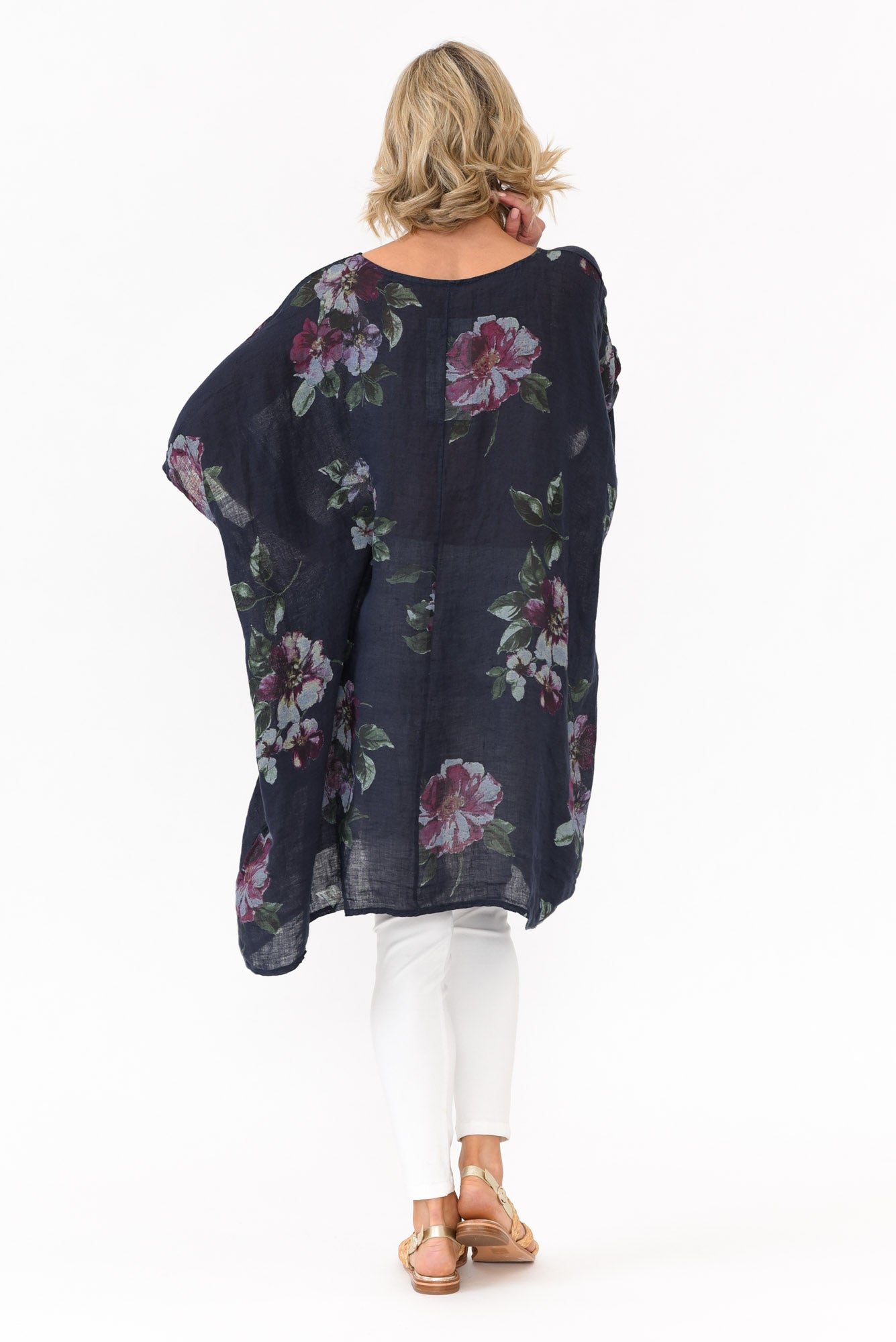 Noemi Navy Floral Linen Kaftan Tunic