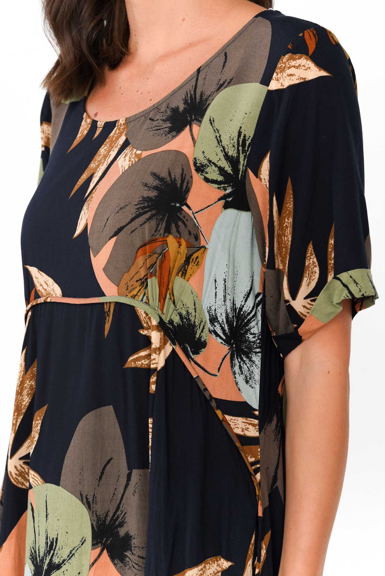 Yazi Navy Abstract Pocket Midi Dress