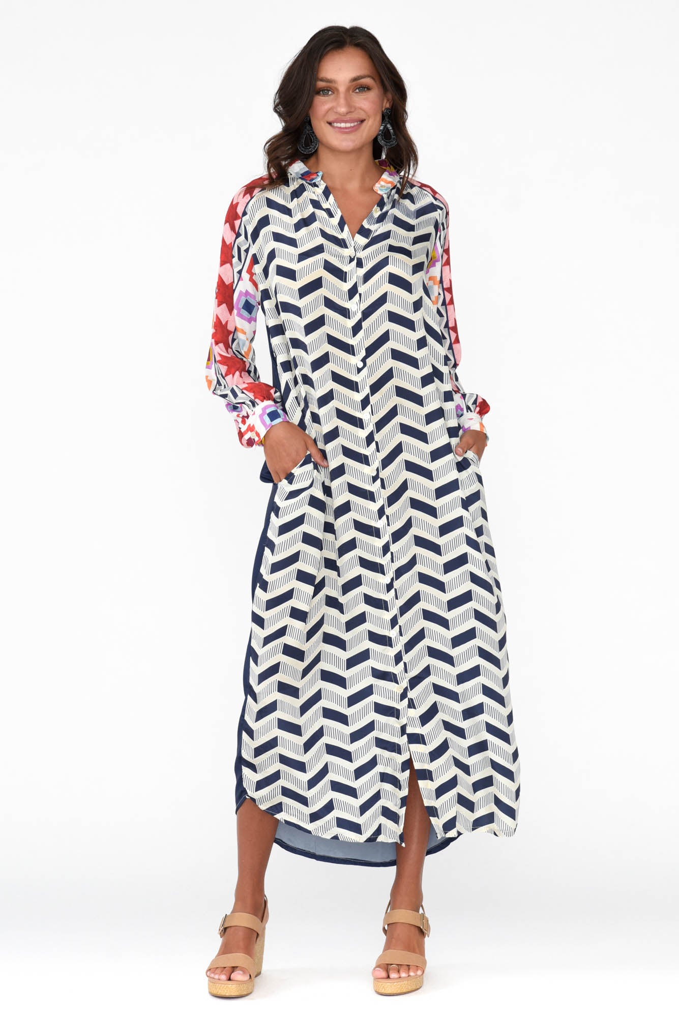 Maeva Navy Geometric Shirt Dress