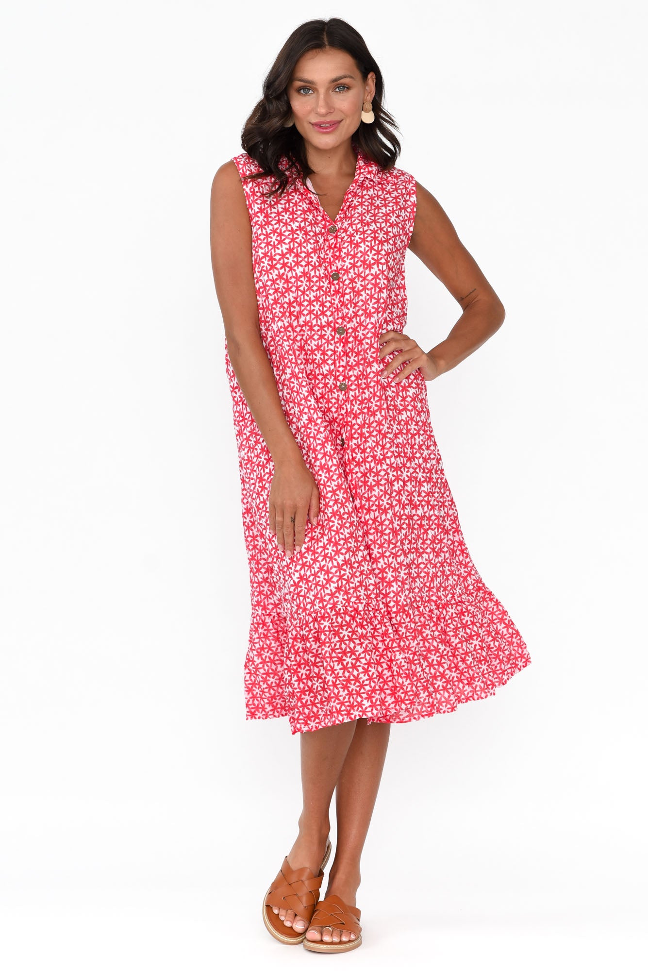 Luca Red Flower Cotton Frill Hem Dress