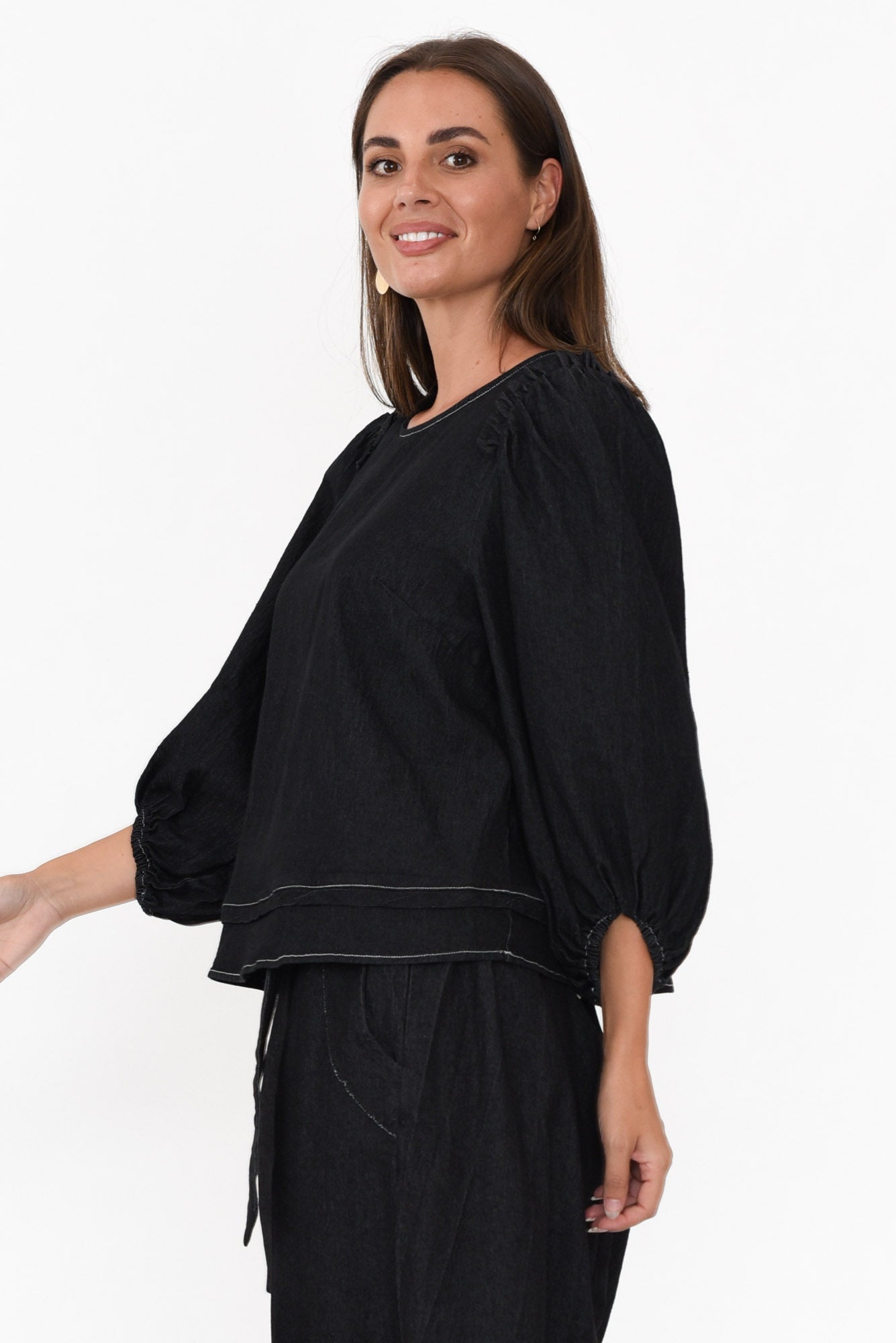 Ferguson Black Cotton Blend Frill Top