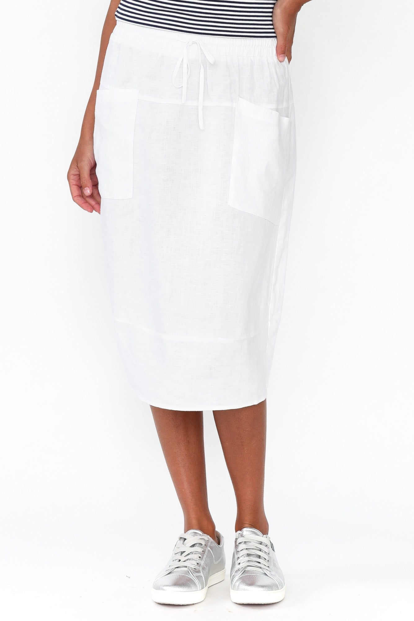 Claire White Linen Pocket Midi Skirt