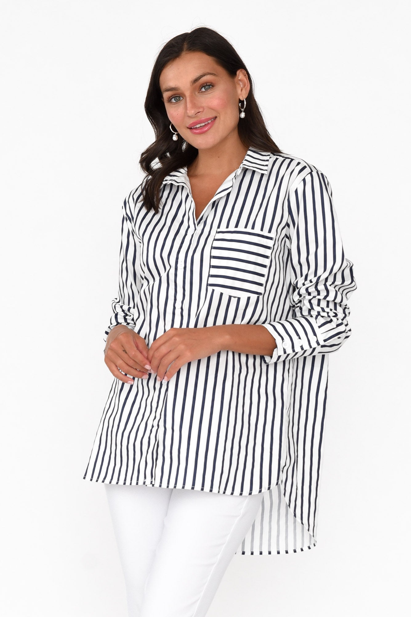 Merril Navy Stripe Cotton Poplin Shirt