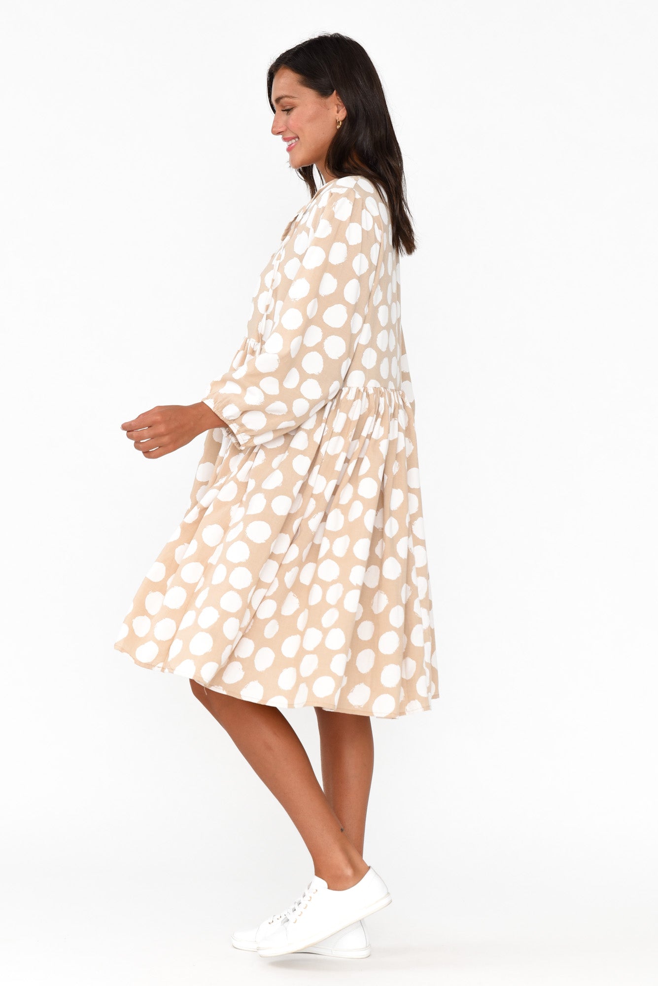 Frieda Beige Spot Cotton Tie Dress