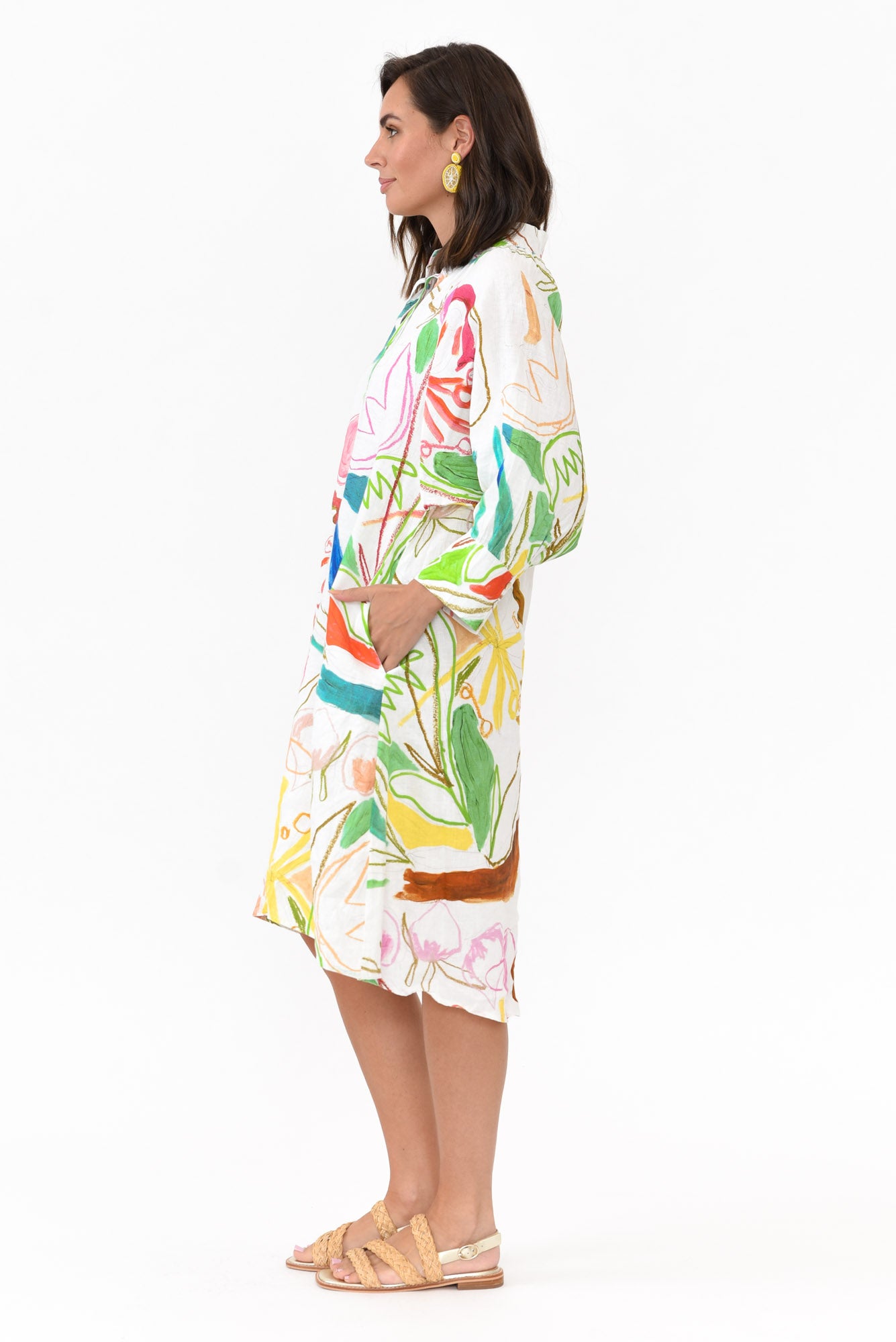 Bacall White Abstract Linen Dress