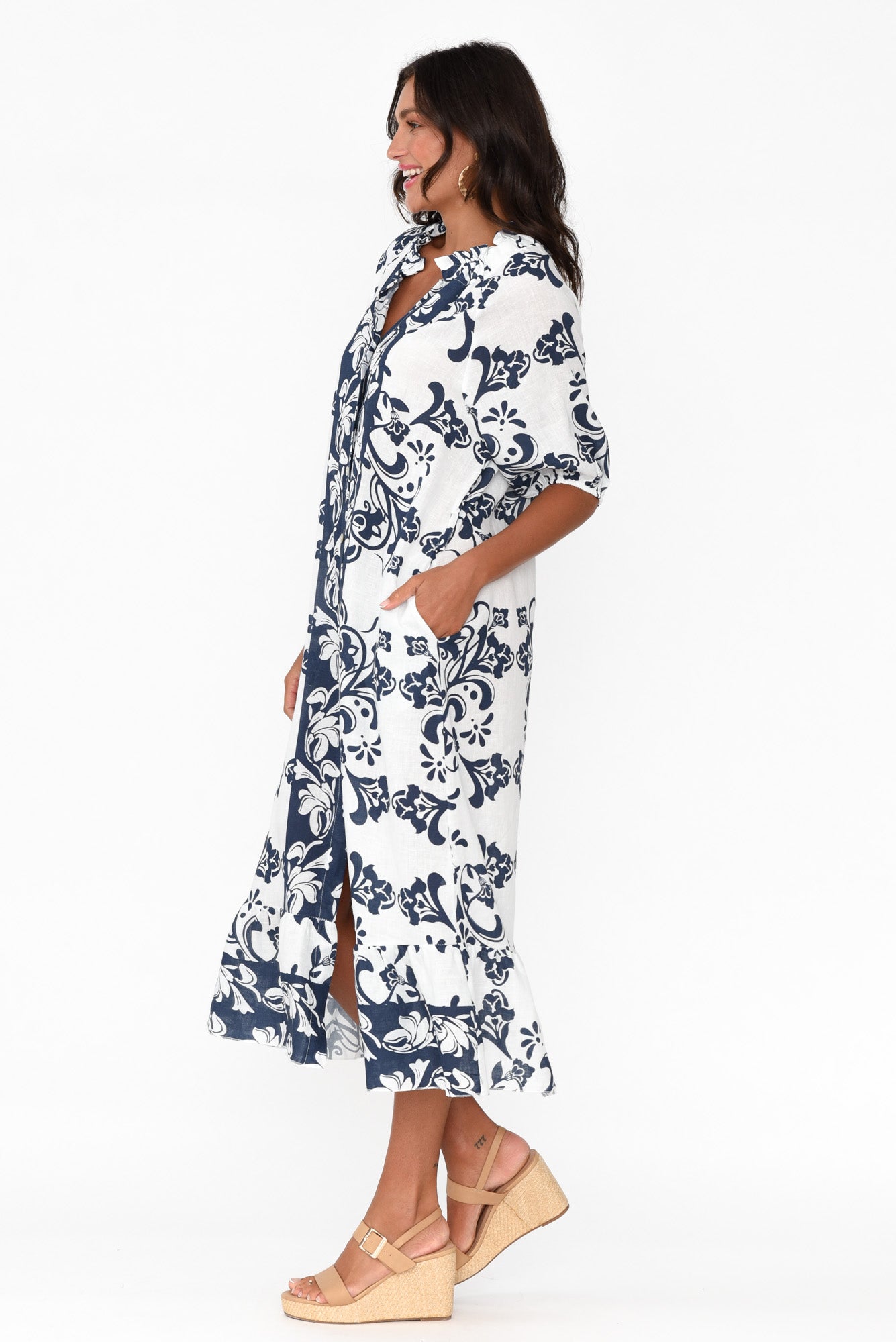 Pascale Navy Floral Linen Cotton Dress