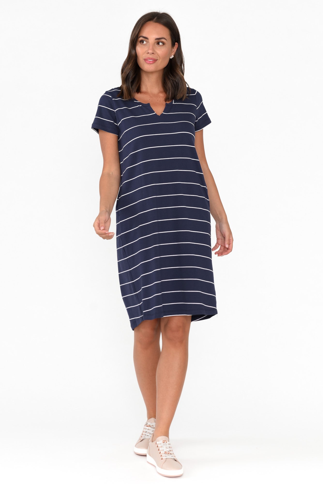 Mandy Navy Pinstripe Cotton Tee Dress