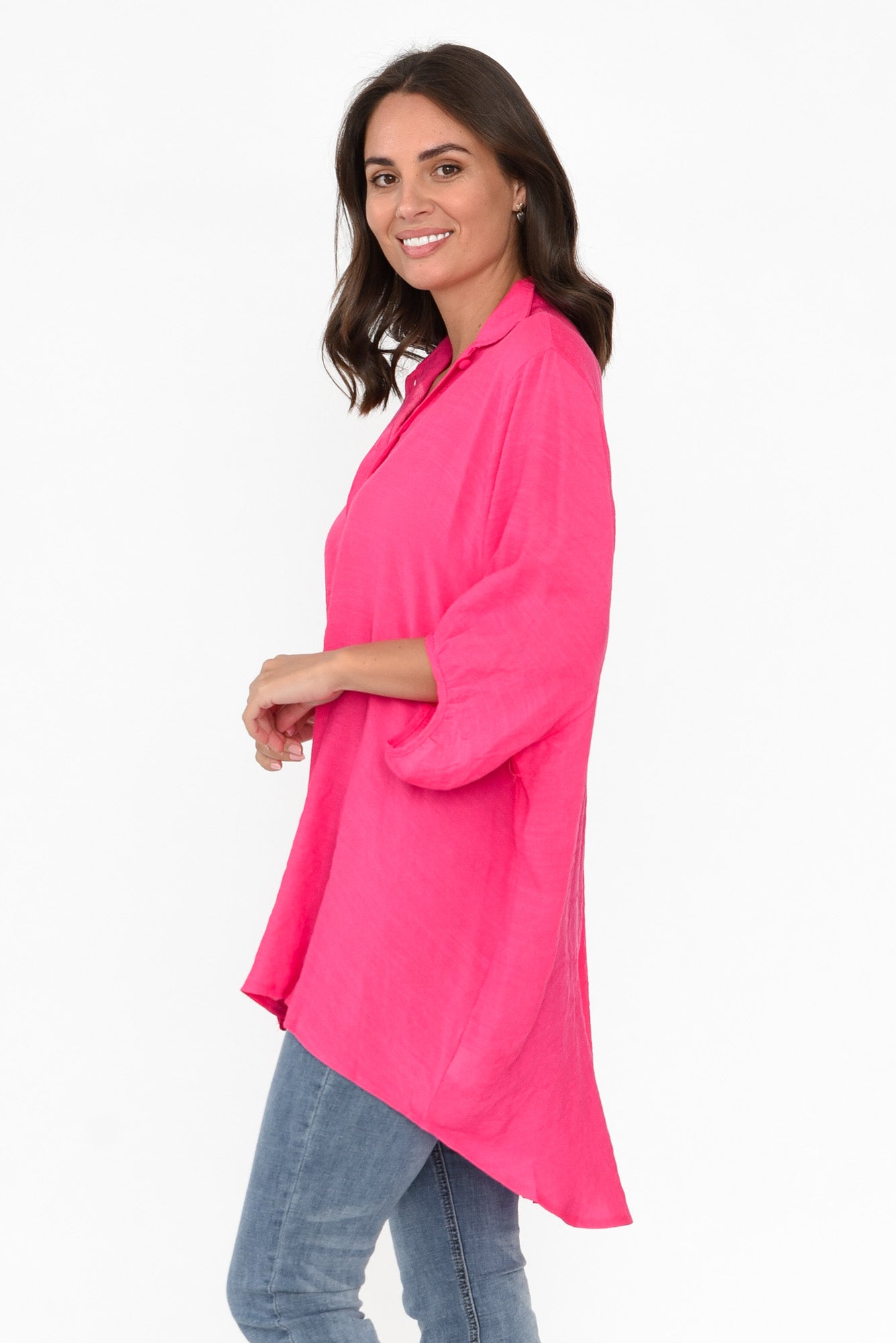 Hot Pink Cotton Blend Hi Lo Shirt
