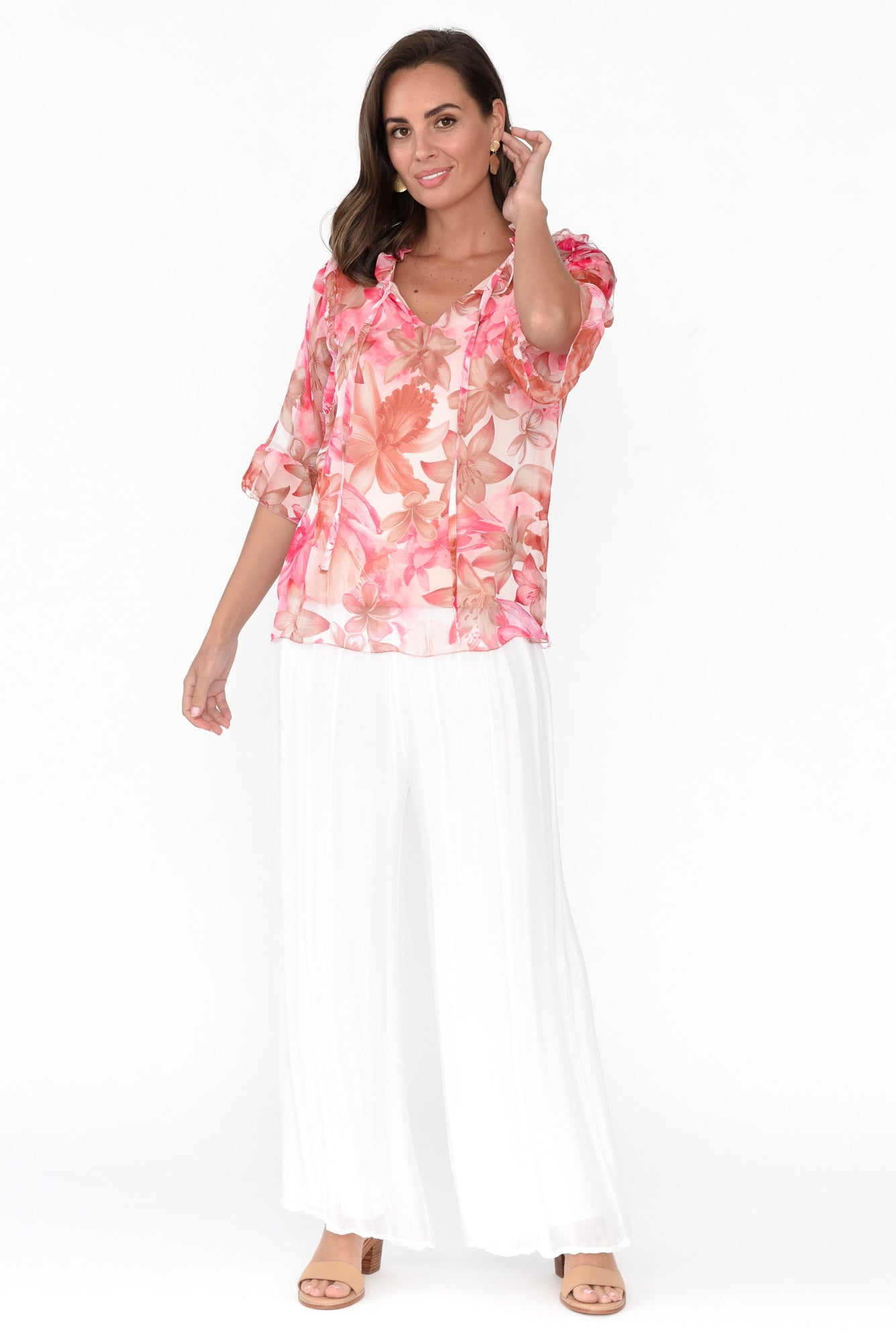 Katrine Peach Hibiscus Ruffle Top